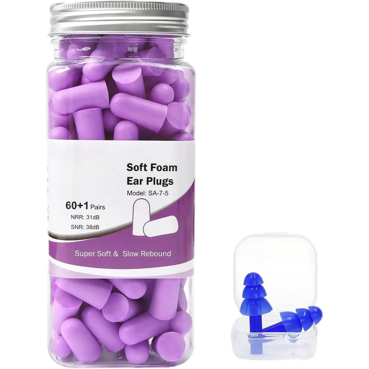 Unisex Ultra-Soft Foam Shape Ear Plugs, 60 Pairs, 38dB SNR, Purple - Noise Reduction for Sleeping, Snoring, Swimming (Sports & Outdoor Hearing Protection)