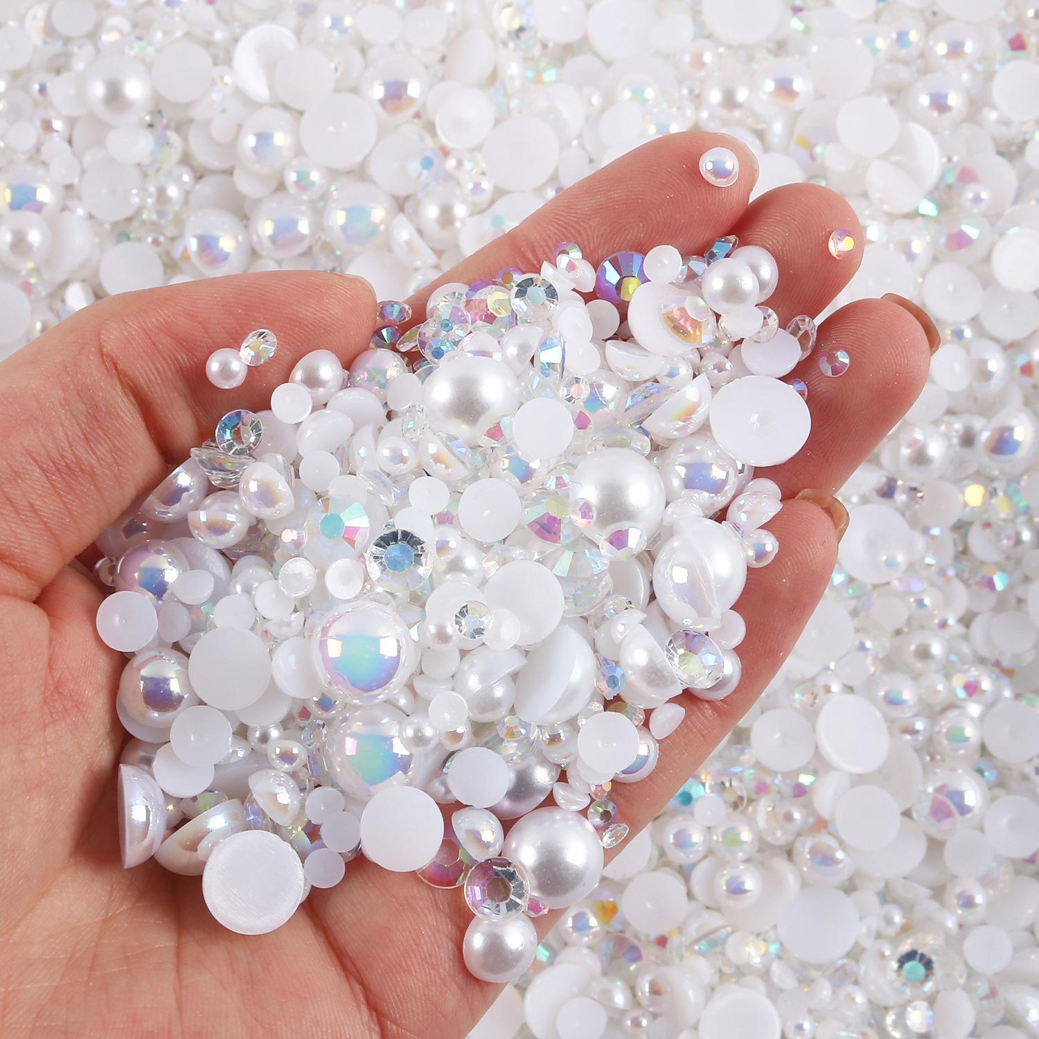 Mixed Size Flat Back Pearls & Rhinestones (1200pcs), Resin Rhinestones, Semi-circular Flat Back Pearl Rhinestones, DIY Materials For Nails, Face, Art, Crafts, Jewelry Decoration, Bling Rhinestone Decoration
