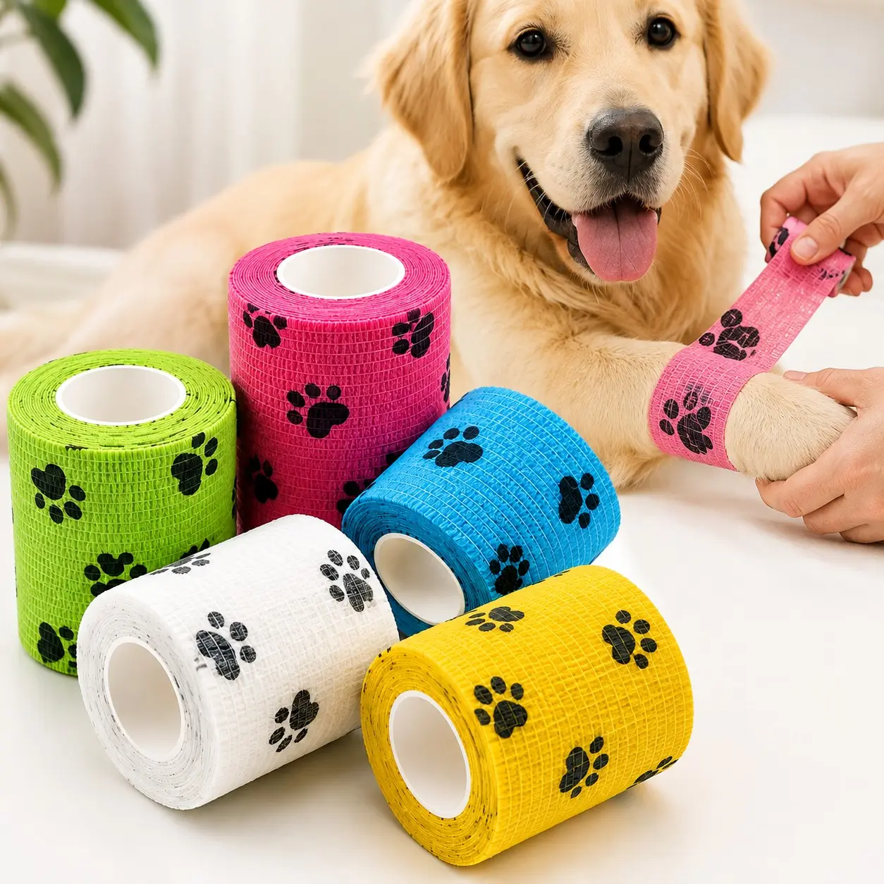 Color Paw Print Vet Wrap 5 Rolls Self Adhesive Bandage for Dogs & Cats, Cohesive Elastic Wrap for Paw, Leg & Wound Care