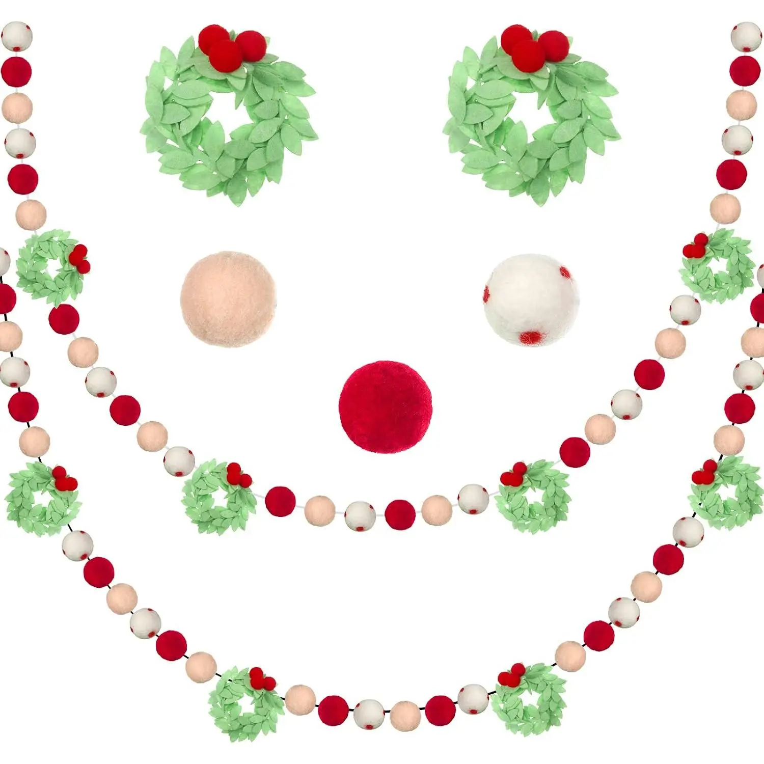 2 count Christmas Felt Ball Garland Green Pom Pom Garland Decorations Colorful Felt Banner 16.8  Long 76 Balls Holiday  Ornaments for Christmas Tree Party Classroom Decor