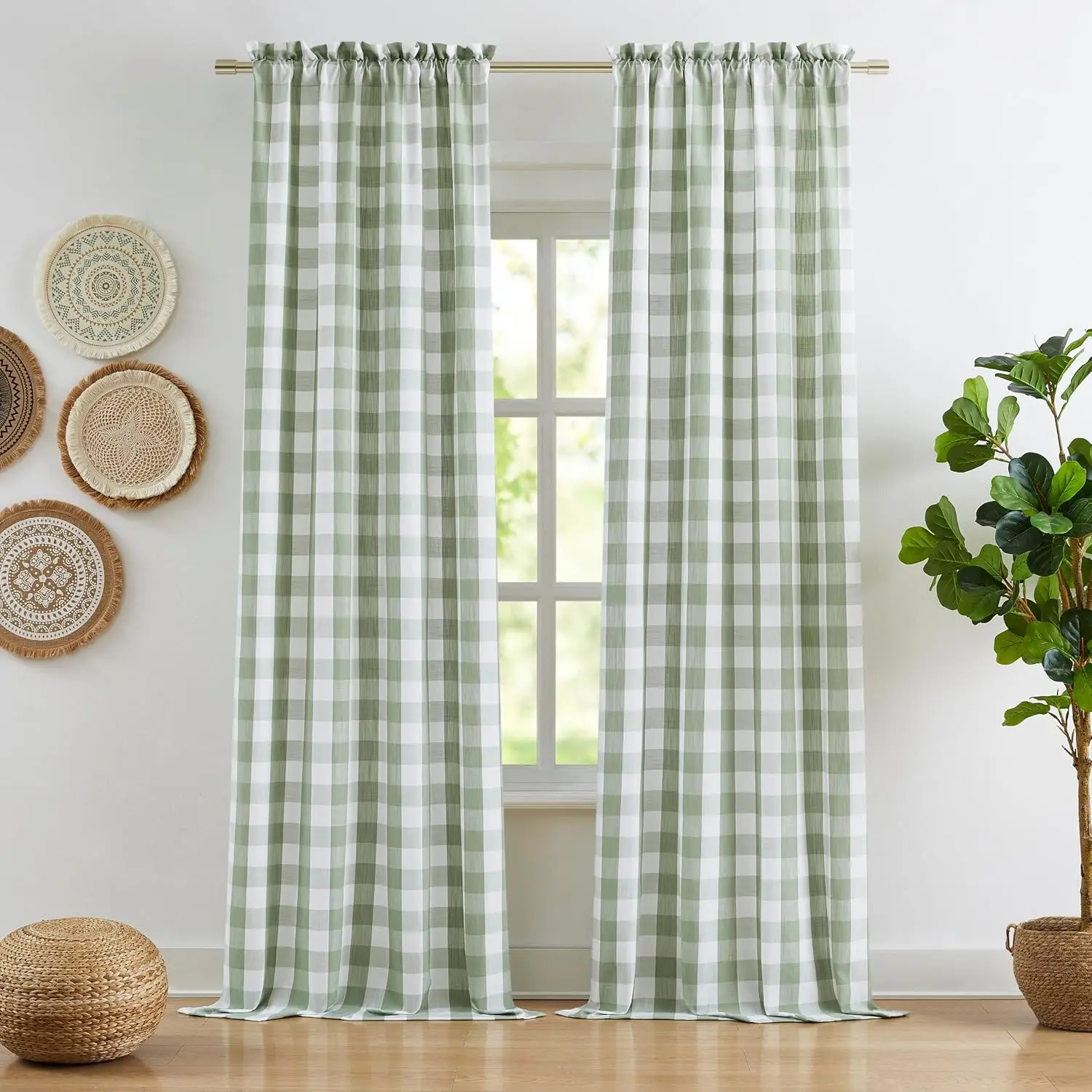 Sage Green Buffalo Plaid Semi Sheer Curtains 84 Inches Long, Buffalo Check Farmhouse Drapes for Bedroom Living Room Nursery, Rod Pocket Window Treatment, 40"W x 84"L, Pack of 2(Gift)