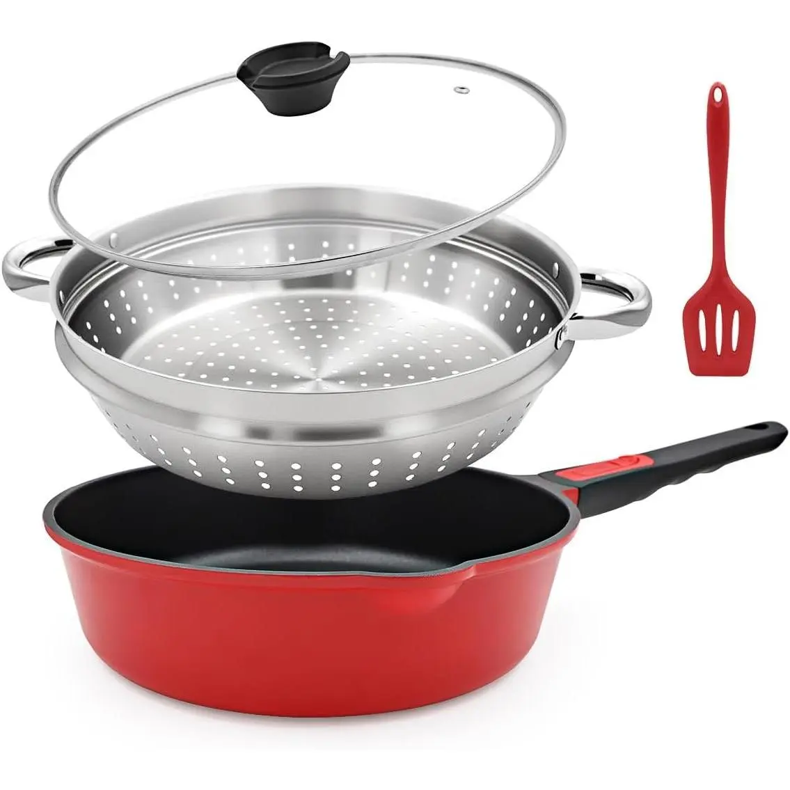 12-Inch Non Stick Deep Frying Pan Skillet with Steamer, 5 QT Nonstick Saute Pan with Lid & Detachable Handle, Induction Cooking Pan, Compatible with All Cooktops, Oven Safe, PFOA Free, Red