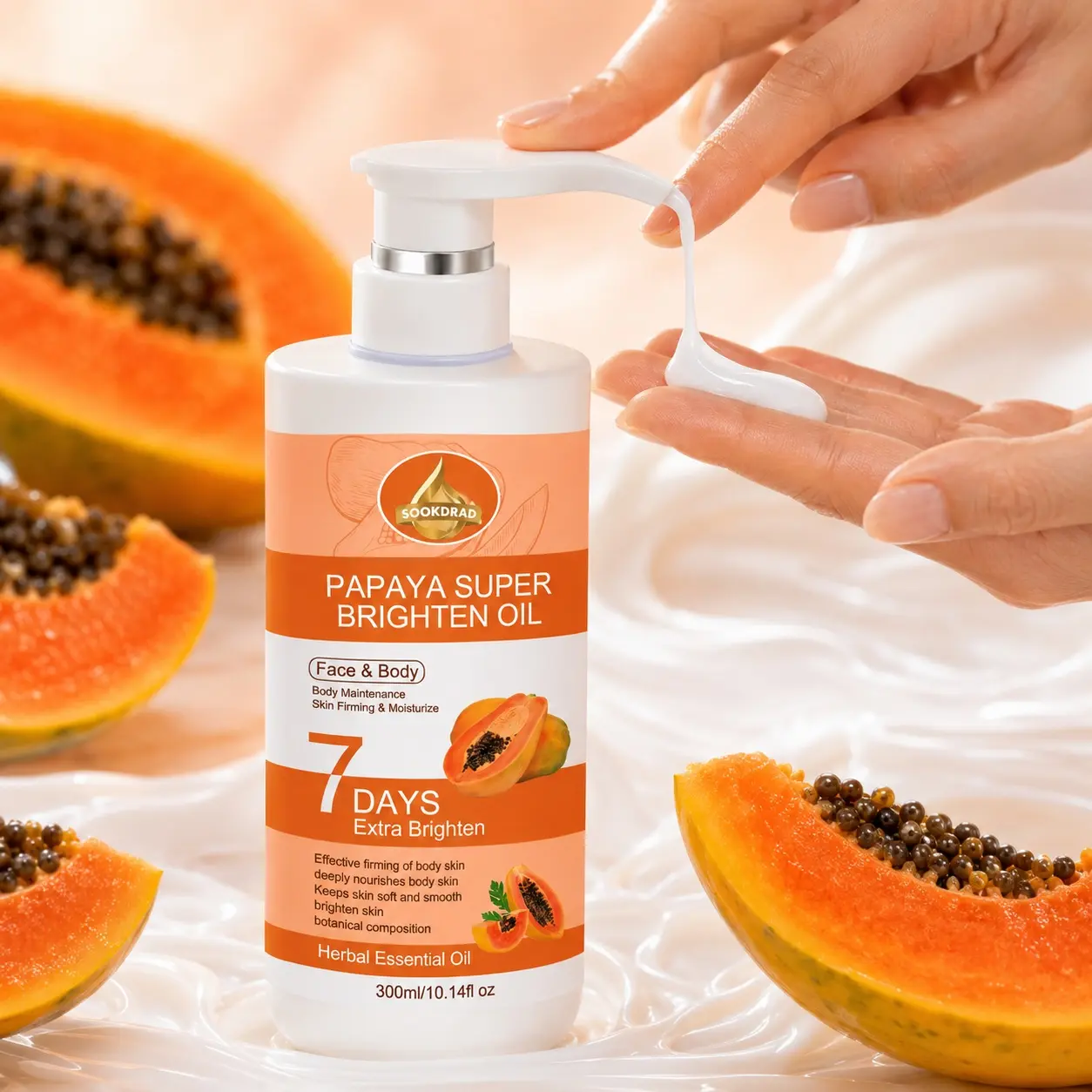 Papaya Super Brighten Oil, papaya, herbal essential oil, brightening, firming, moisturizing, face, body, 7 days extra brighten, soft skin, smooth skin, 300ml/10.14fl oz