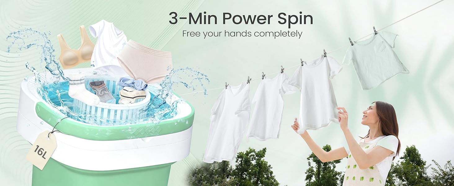 Portable Washing Machine - 16L Mini Foldable Washer with Spin Basket, 3 Cleaning Modes & Deep Cleaning for Small Clothes, Collapsible Laundry for Apartment, Home, Hotel and Travel (Green)