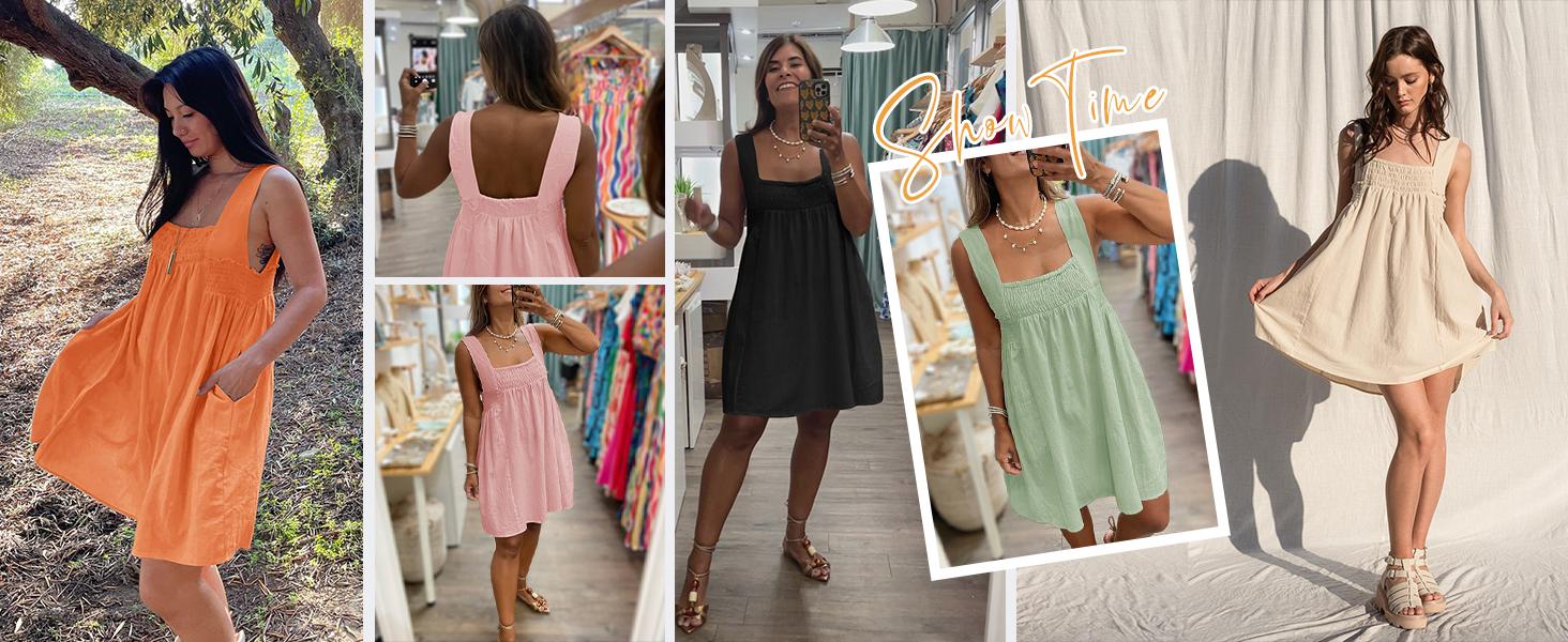 Imily Bela Women 's Summer Casual Sleeveless Mini Dress Square Neck Smocked Swing Loose Babydoll Dress