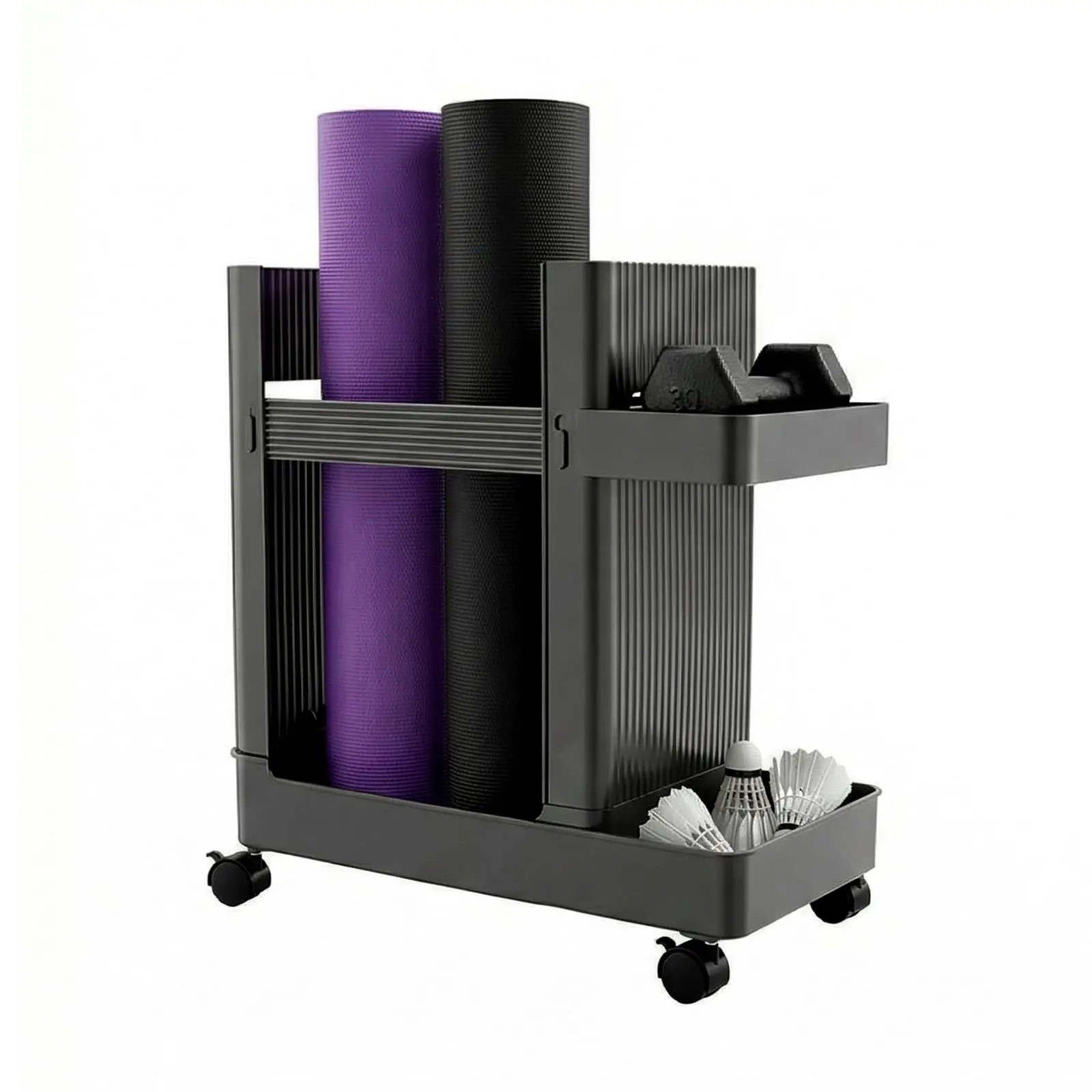 Rolling Yoga Mat Storage Rack, Home Gym Equipment Organizer Cart, Multi-Purpose Fitness Storage Shelf, Yoga Mat Foam Roller Dumbbell Basket, Resistance Band Jump Rope Holder, Living Room Bedroom School Sports Storage Cart