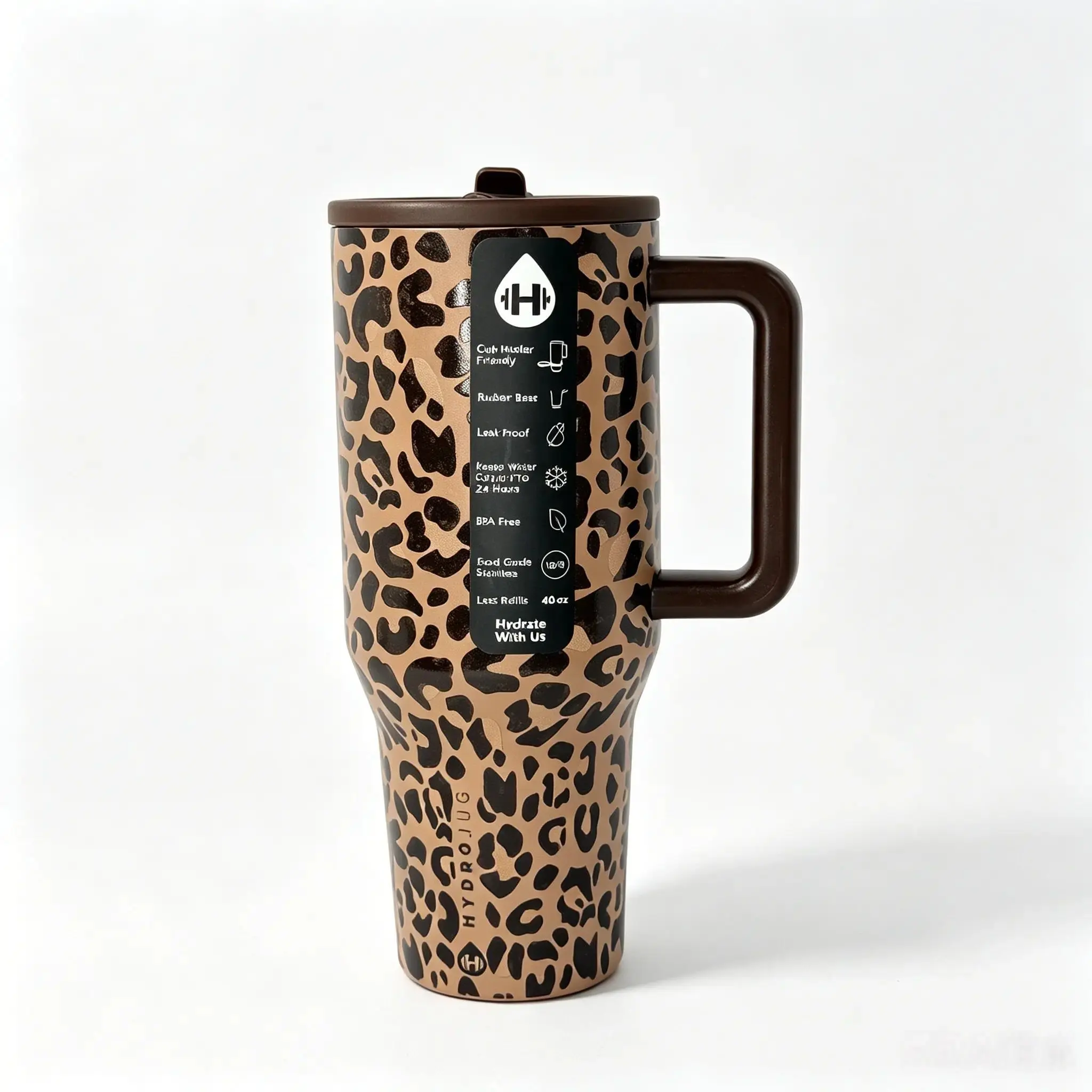 Hydrojug 40oz Leopard Printed Insulated Vacuum Flask Tumbler - Handle, Straw Lid, 24H Cold Retention, Leak-Proof, Cup Holder-Friendly Portable Travel Mug for Car, Gym (Home Supplies Party Gift)