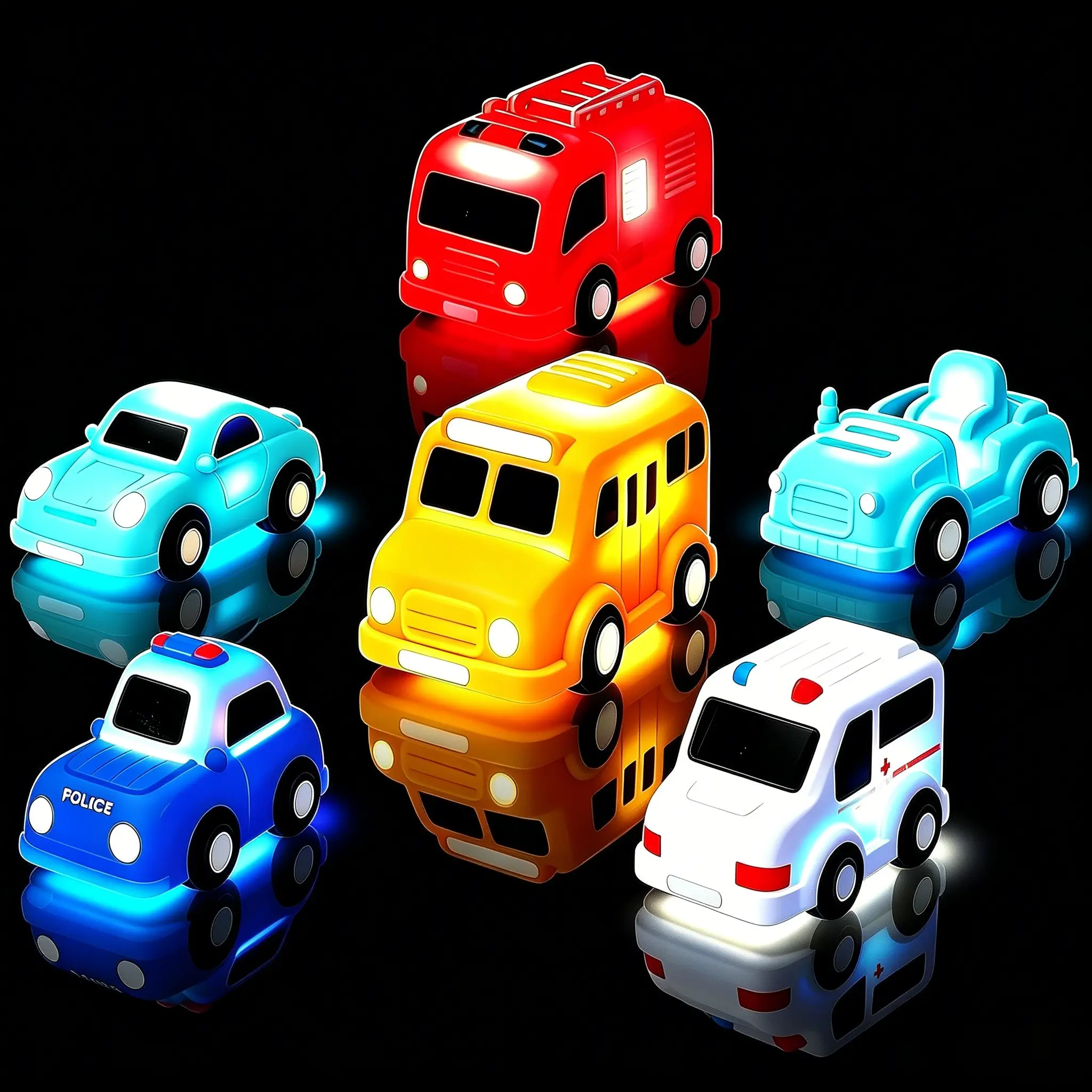 Water-Activated Flashing Color Bath Toy Set, Safe for Baths, 6-Piece Emergency Vehicle & Construction Toys, Fun Bath Time for Kids, Variety