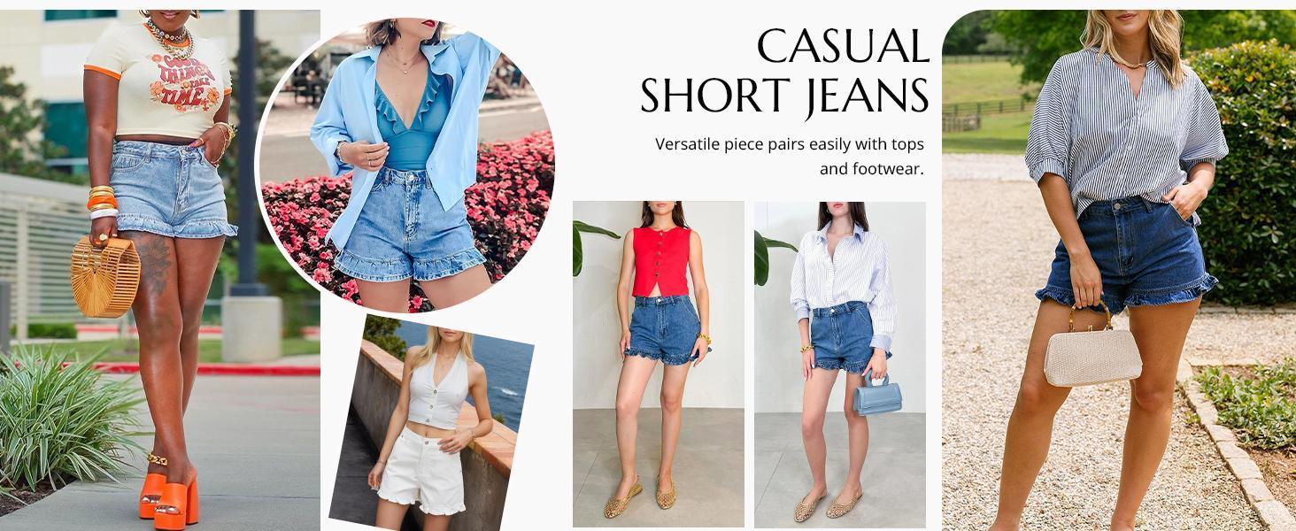 Imily Bela Womens Summer Ruffle Denim Shorts Cute High Waisted Cotton Short Jeans with Pockets SpringStatements.Size down if you are between sizes.