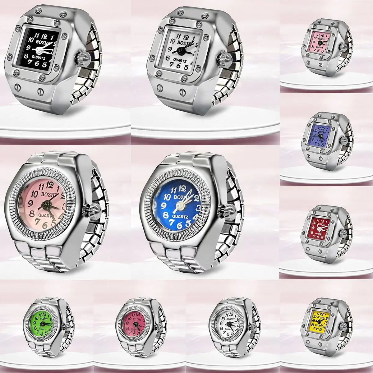 Vintage Punk Mini Quartz Clock Finger Rings Women Men Creative Elastic Strap Alloy Watches Roman Dial Ring Jewelry