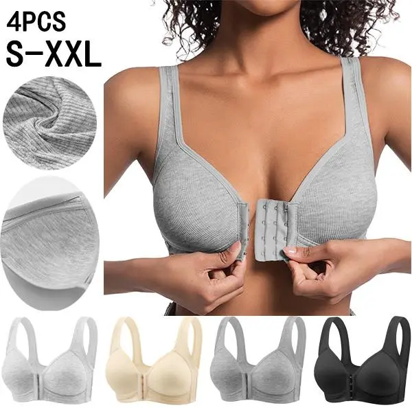 EssElegance 4Pack Seamless Front Closure Bra | Wireless Full Coverage Bralette | Supportive Wide Straps No Underwire Bra | Smooth Invisible Everyday T-Shirt Bra for Women