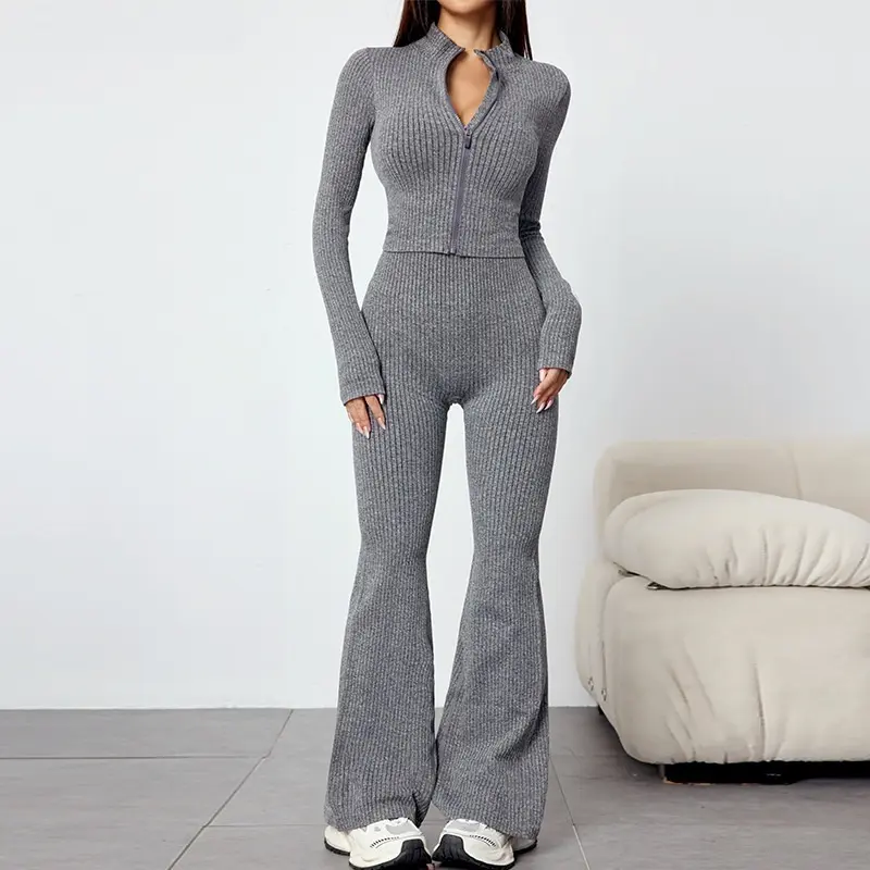 Women's Ribbed Knit 2-Piece Athleisure Set - Half Zip Long Sleeve Cropped Top & High Waist Flared Pants, Soft Stretchy Fall Winter Outfit, Female Workout Loungewear for Gym Daily Use, Two Piece Sets, Workout Sets Women