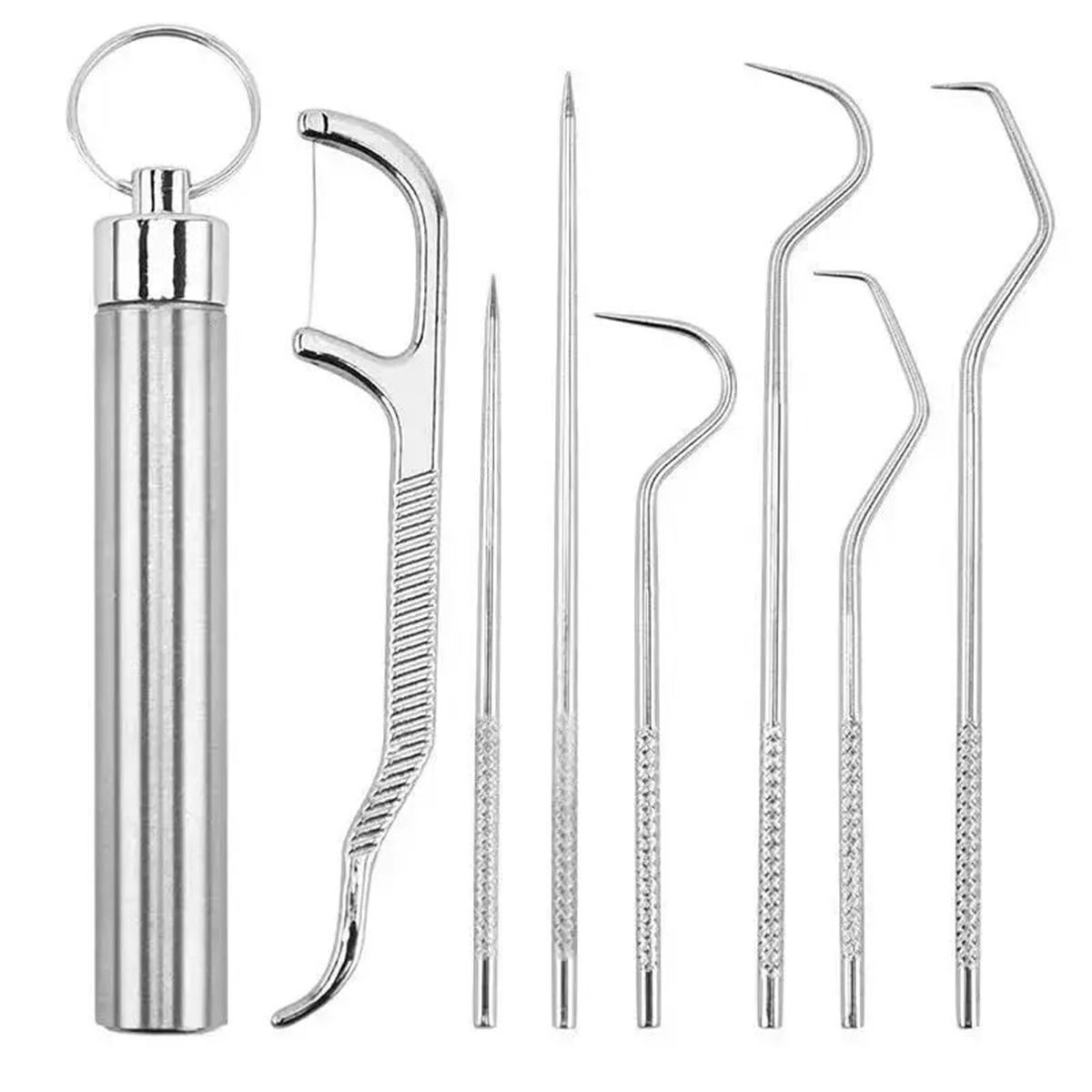 7PCS Stainless Steel Toothpick Pocket Set, Dental Floss Pick, Reusable Teeth Cleaning Tools Kit with Portable Holder, Keychain Design for Outdoor Picnic, Camping, Travel Essentials