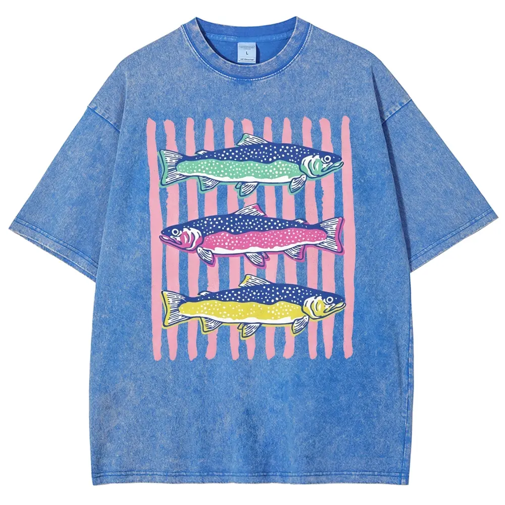 Three Pastel Spotted Trout Pink Vertical Stripe Front Print Unisex Graphict Washed T-Shirt Personalized Pattern Y2k Clothing Round Neck Washed T-Shirt,Women's Clothing 100% Cotton, Menswear, Top, Vintage Style,Summer Casual Oversized