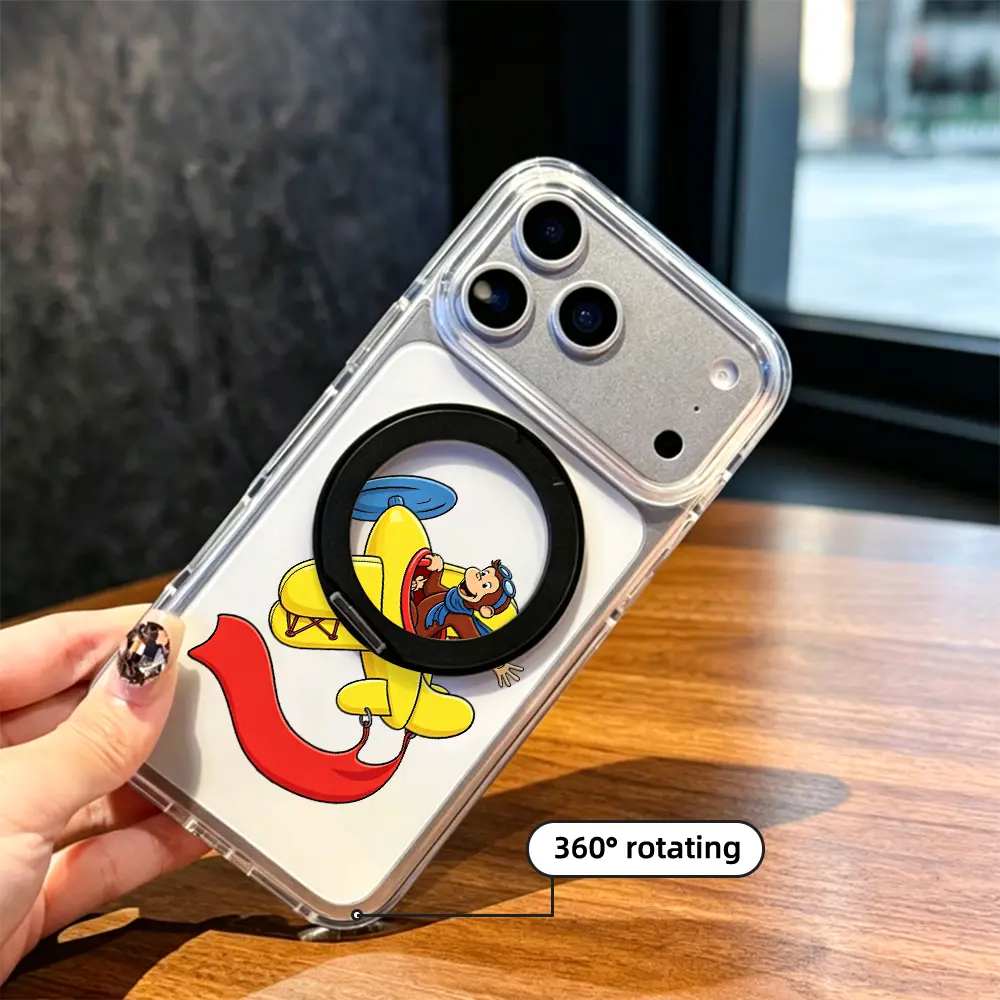 Magnetic Ring Stand Happy Aviator Monkey Flying Plane Phone Case， Cartoon Aesthetic Style， Phone Case for iPhone 17 Pro Max 17 Air 17Pro 16 15 14 13 12 11 Pro Max， Fun Birthday Holiday Gift for Traveler and Outdoor Adventure Enthusiast Accessory