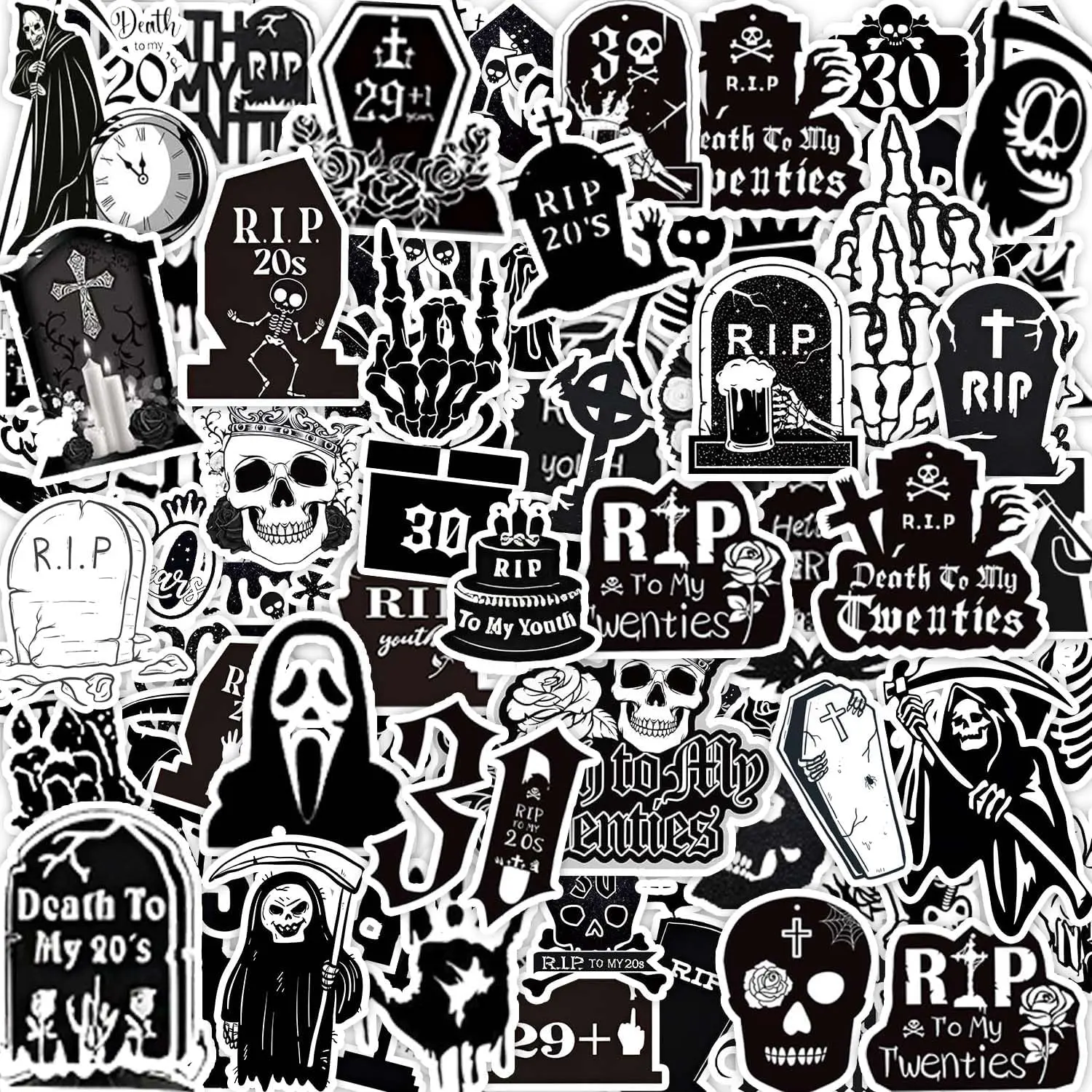 104 count 30th Birthday Stickers, Halloween Party Supplies Death to My 20s Party Supplies  to My 20s Birthday Decorations Funeral Gothic Halloween Sticker for My Youth Funny Thirtieth Party Favors