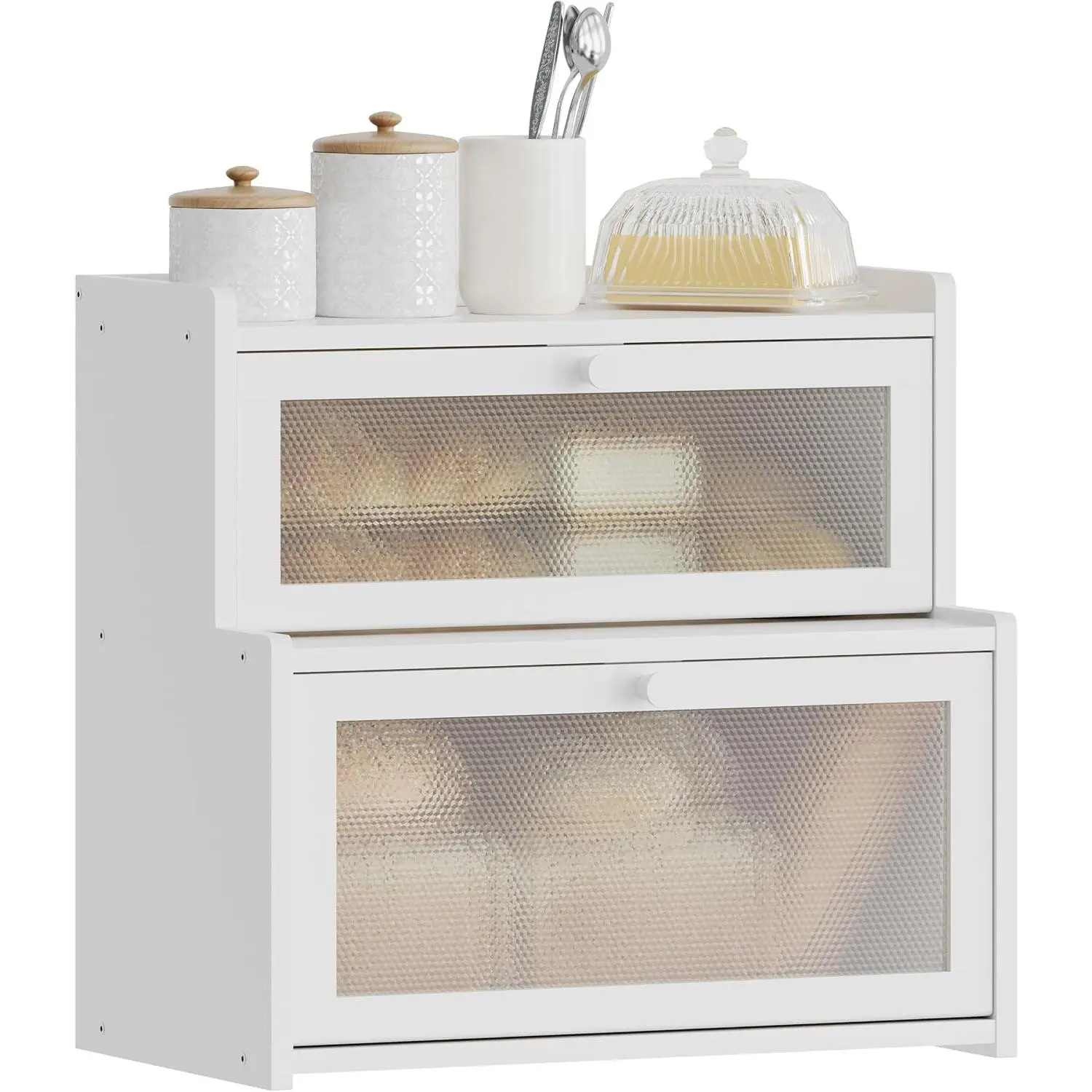 Modern Synthetic White Double-Layer Rectangular Bread Box with Secure Closure, Translucent Large Lid - Kitchen Countertop Storage Container, Corner Pantry Organizer for Homemade Bread