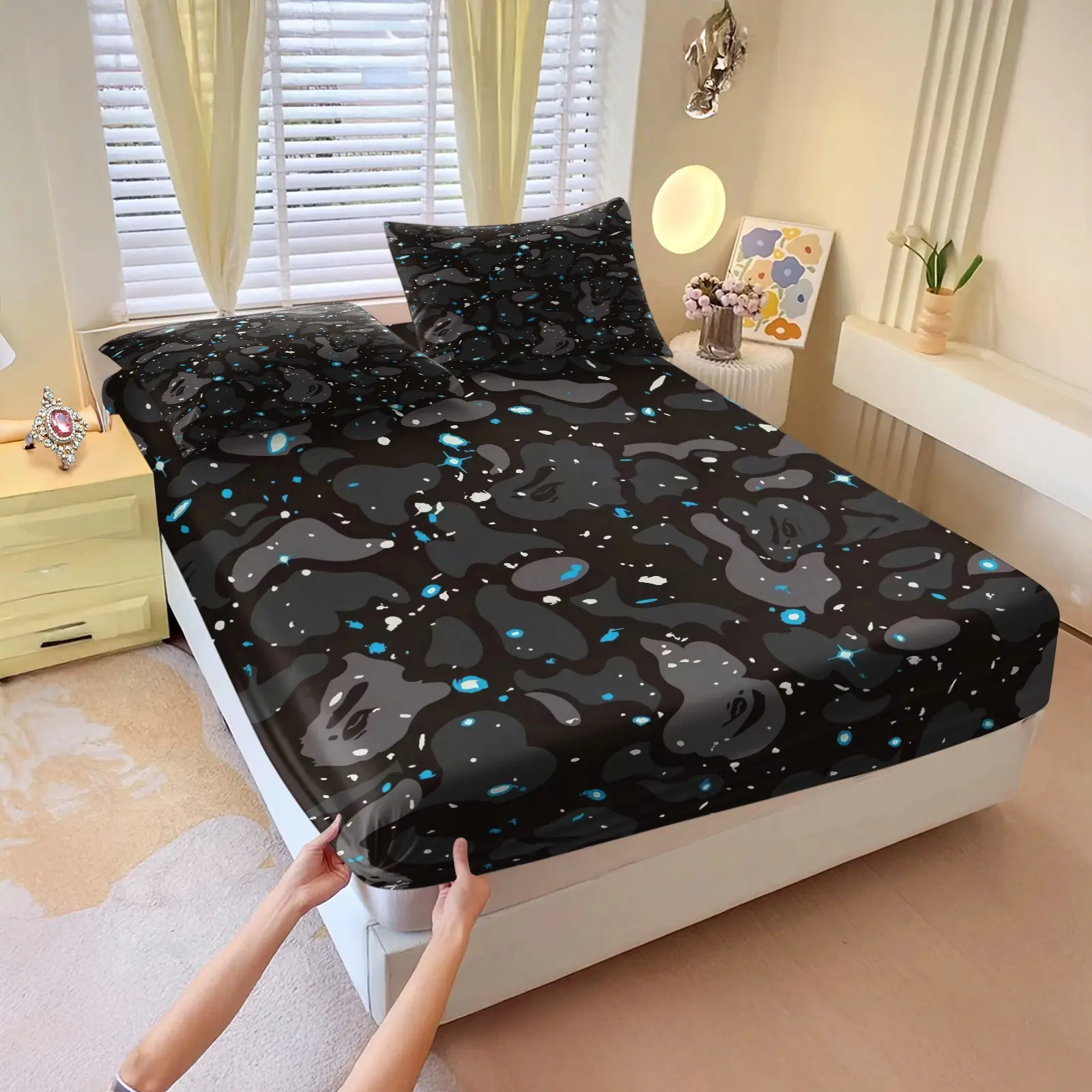 3-Piece Starry Blue & Black Camo Animal Fitted Sheet Set-Soft Wrinkle-Resistant Bedding-Cartoon Ape & Starry Sky Camouflage Design-Ideal for Dark Boys Bedroom, Trendy Cool Dorm and Gaming Room Decor