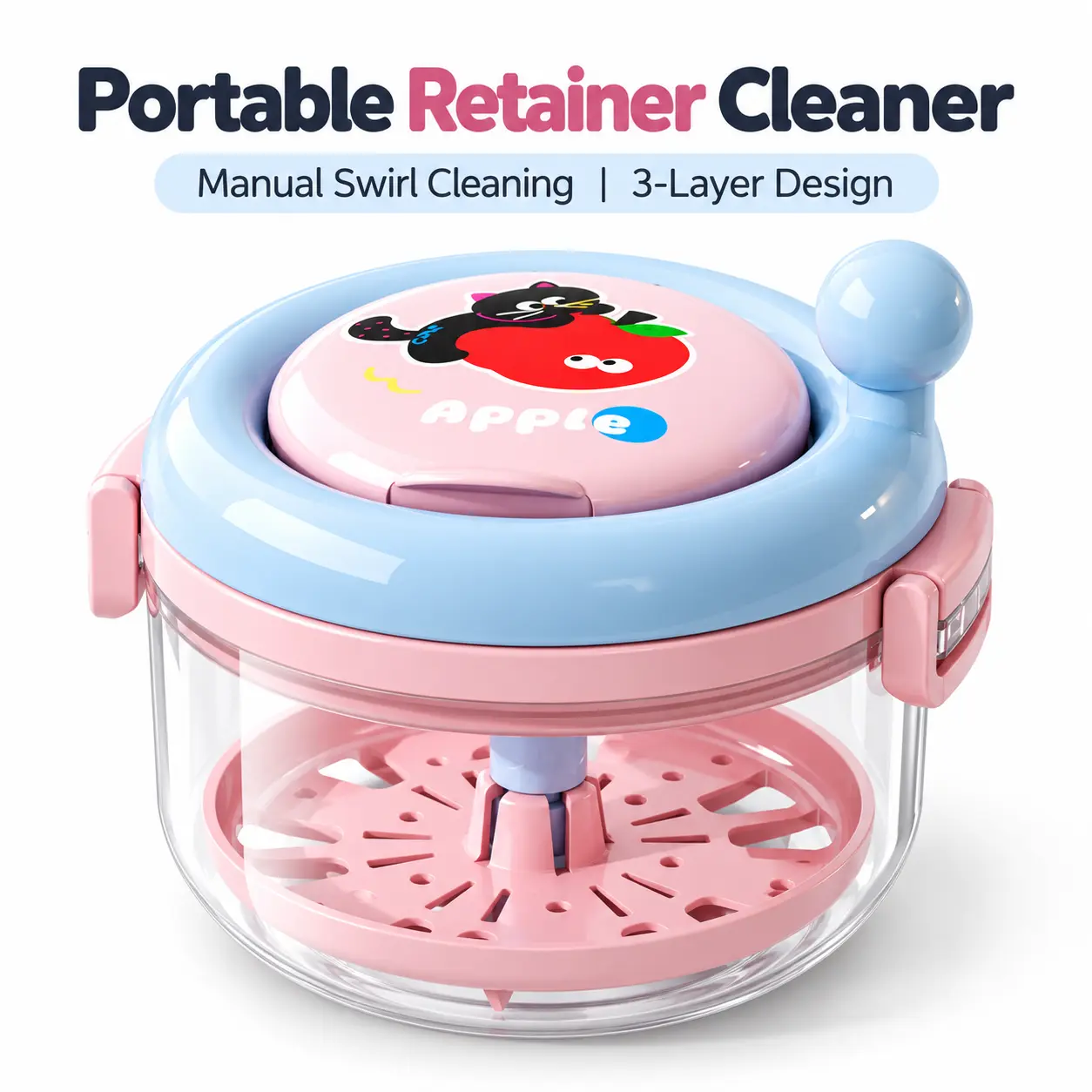 Manual Rotating Retainer Cleaner Cup, 360 °   Denture Cleaning Container with 3-Layer Design, Portable Soaking & Rinsing Case for Aligners, Mouth Guards, Retainers and Dentures, Pink & Blue