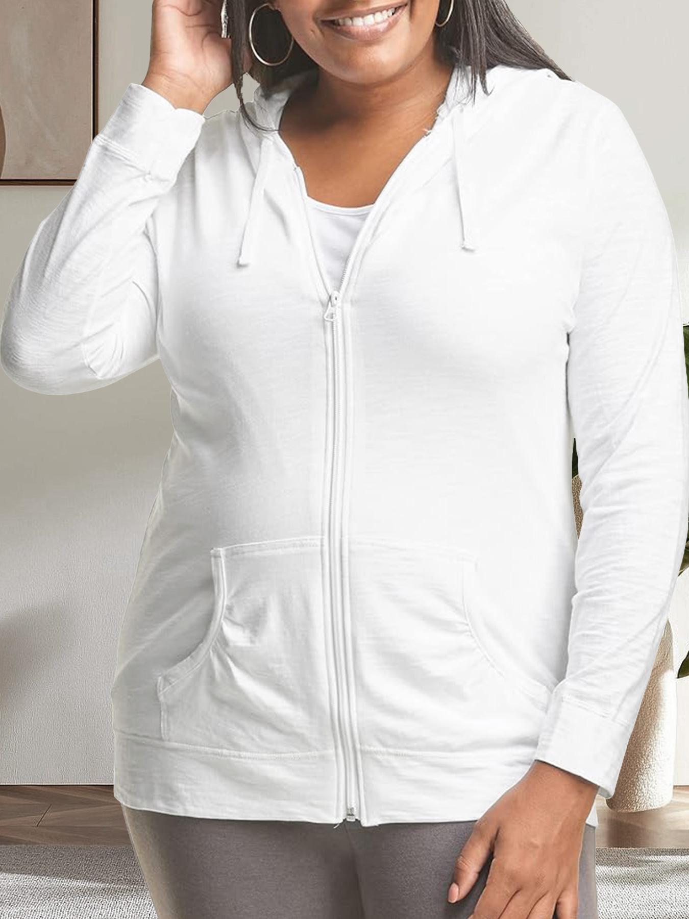 【Plus Size】 Solid Drawstring Pocket Zip Up Casual Hoodie Jacket Long Sleeve Hooded Outerwear for Fall & Winter, Women's Plus Clothing for Daily Wear