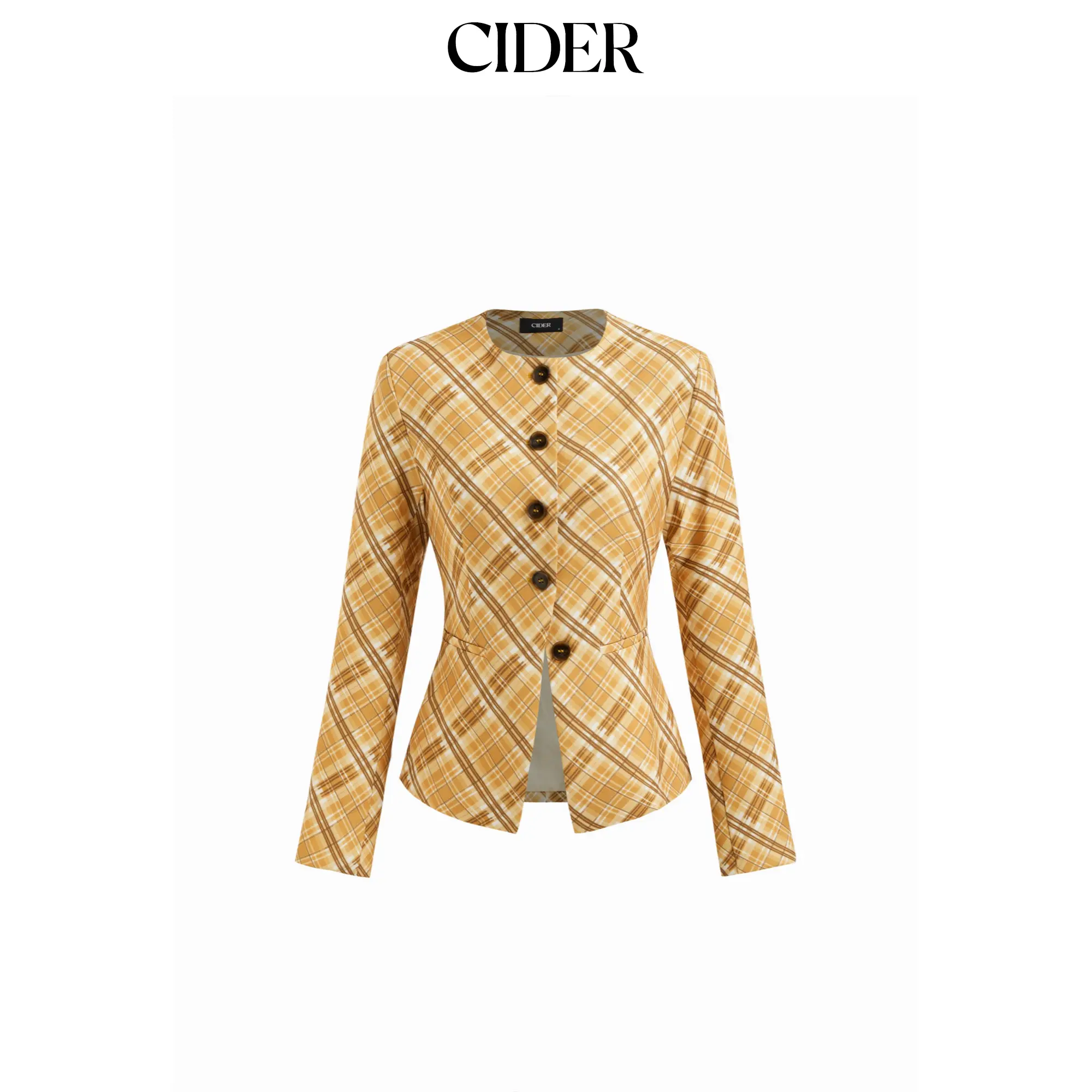 Cider Plaid Round Neckline Long Sleeve Blazer SohoChic