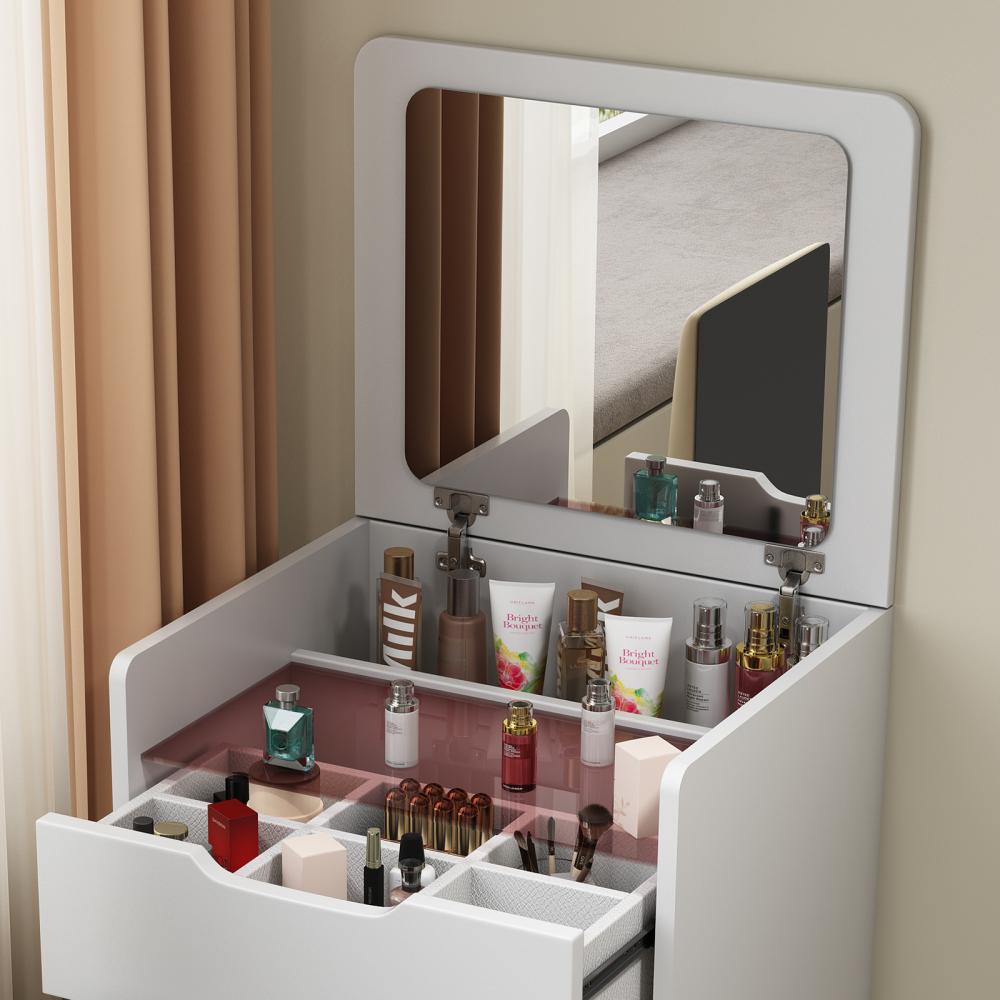 3 in 1 Vanity Desk with Plip Top Mirror, Small Make Up Vanity Set with Visible Glass Desktop, Compact Makeup Vanity with 3 Drawers, Cushioned Tool, Dressing Table for Bedroom