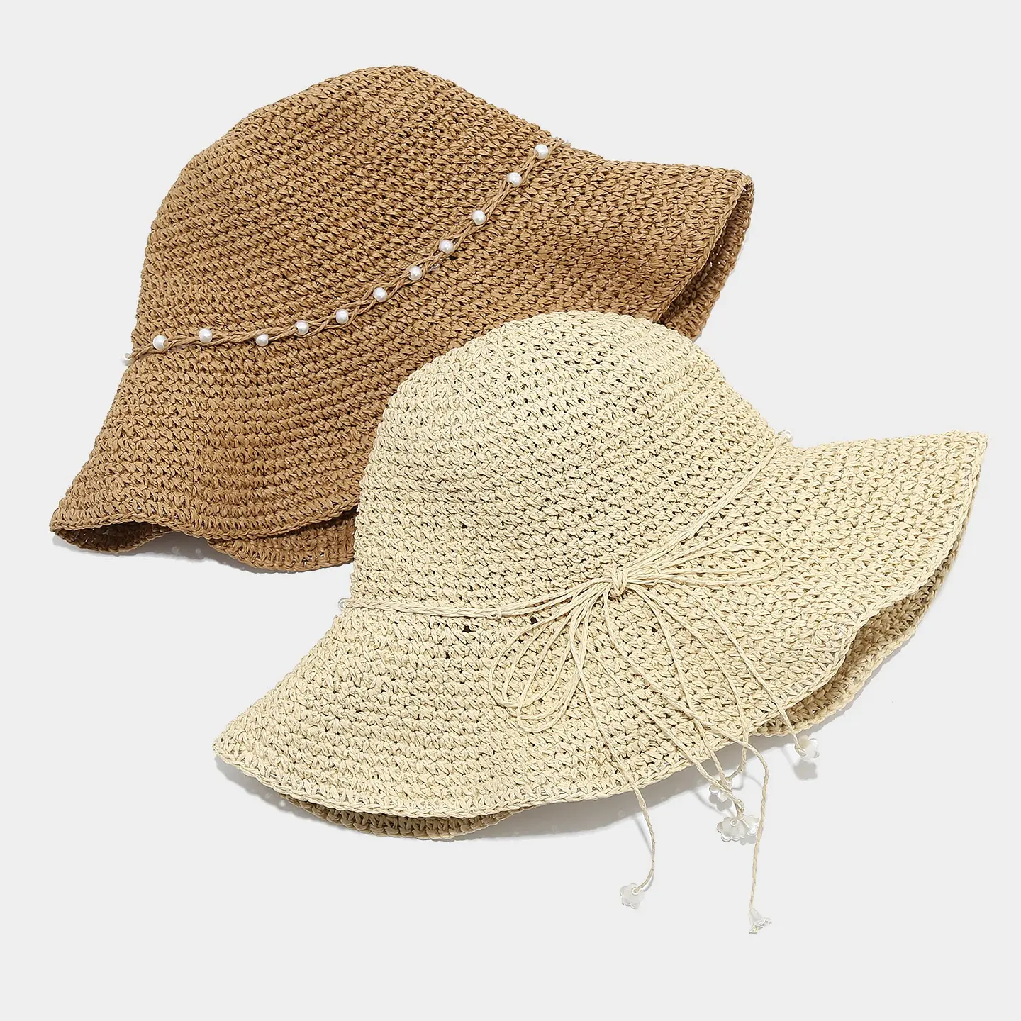 Crocheted Straw Hat for Women, Pearl-Embellished Wide Brim Bucket Sun Hat, Foldable & Breathable for Summer Beach Vacation, Hats For Women, Unisex