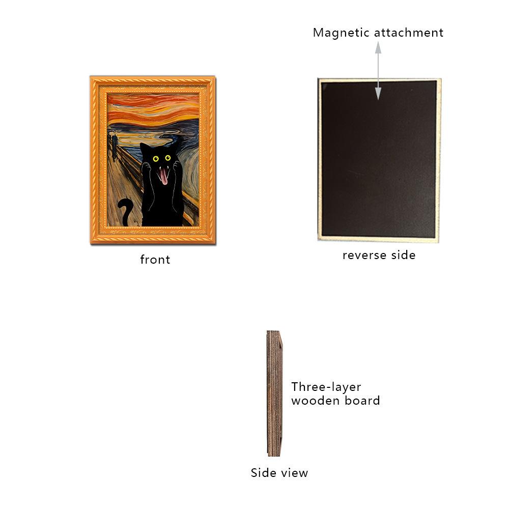 Cross-Border New Black Cat Series Oil Painting Style Screaming Kitten Photo Frame Wooden Retro Magnetic Fridge Magnet
