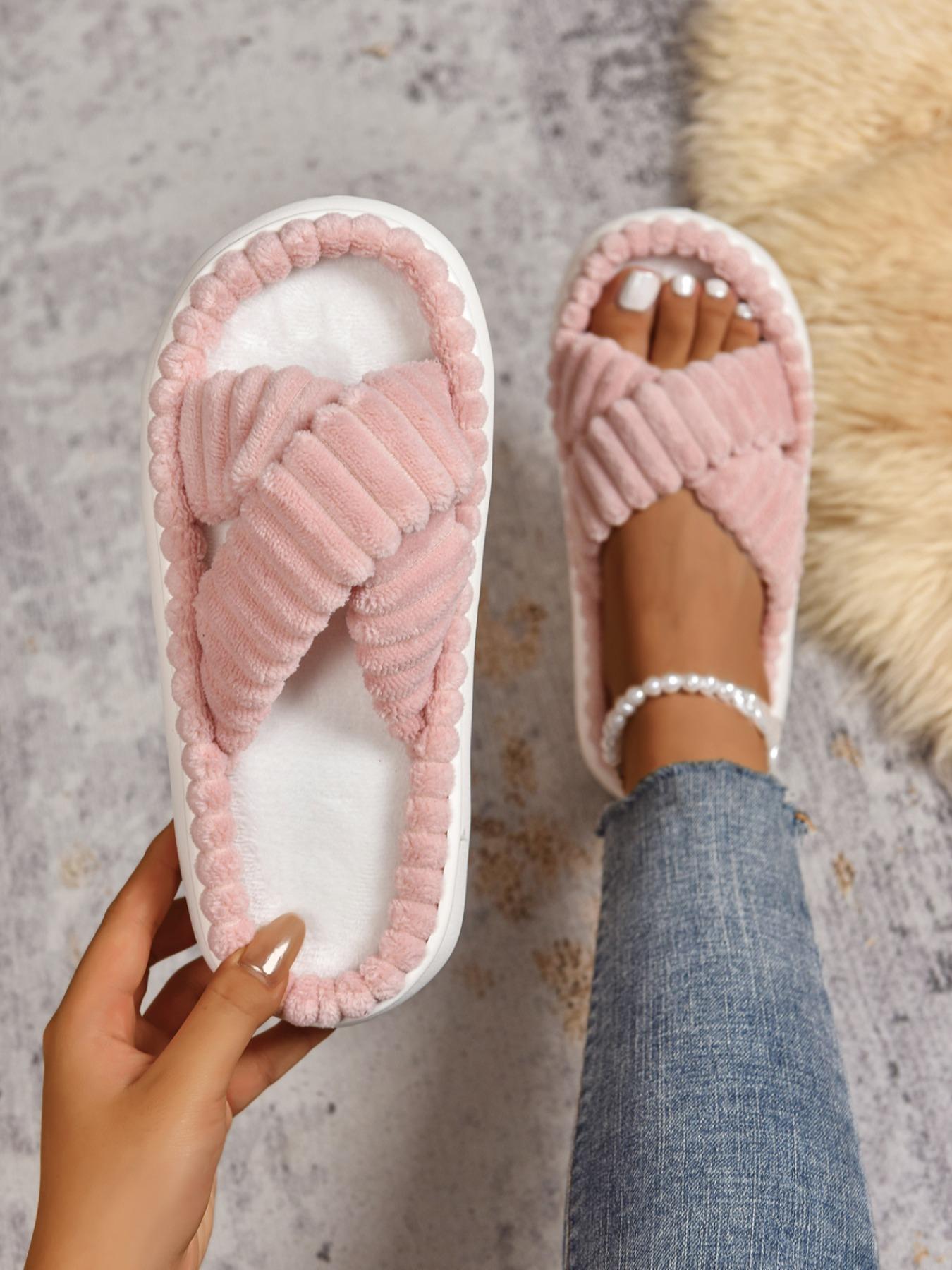 New Large Size 36-45 Casual Fashion Cross Strap Women's Comfortable Warm Thick Sole Slippers, Stylish Home Shoes for Fall & Winter, Cozy Bedroom Slippers