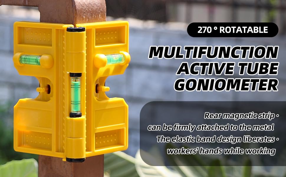 Magnetic Post Level, 270° Adjustable Folding Post Level with 3 Vials, Elastic Loop for Hands-free Work