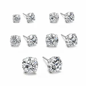 5 Pairs Round Cubic Zirconia Stud Earrings Set, S925 Sterling Silver Post Hypoallergenic 4 Prong Clear CZ Studs, 3mm-7mm Multi Size Minimalist Cartilage Piercing Jewelry, Lightweight Skin Friendly Stackable Daily Earrings for Women Girls Holiday Gift
