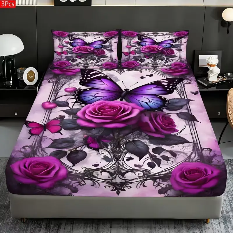 3pc Purple Rose Butterfly Print Bedding Set, including 1 bed sheet and 2 pillowcases (without filling material), as a gift for friends. Suitable for single beds, double beds. Perfect for bedrooms, dormitories, guest rooms and hotel apartments.