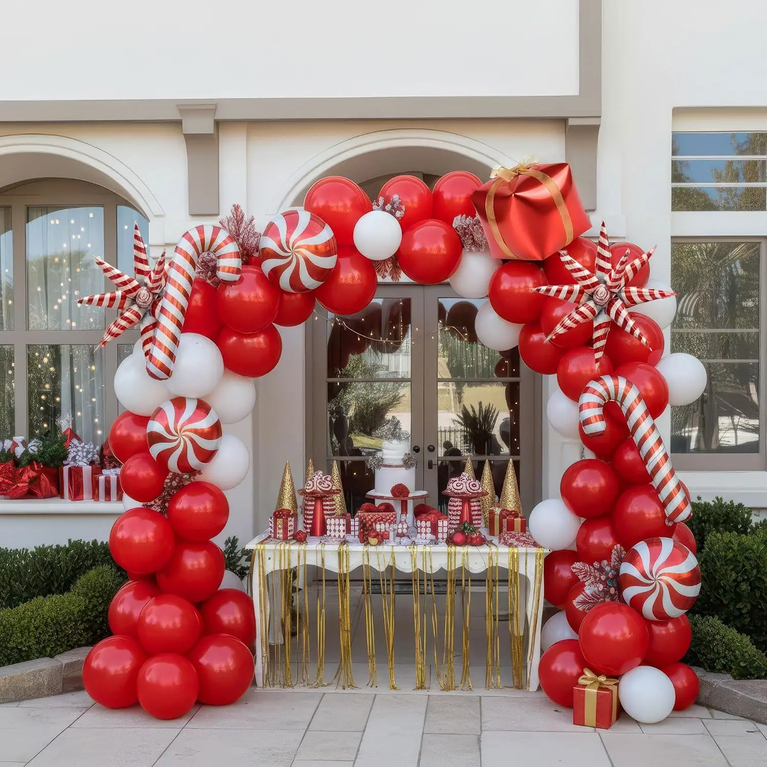 Christmas Party Decorations with Red and White Balloon Arch Kit &  Candy Canes Lollipops  Boxe Foil Balloons for xmas Friendsmas  Year's Eve Party Decorations