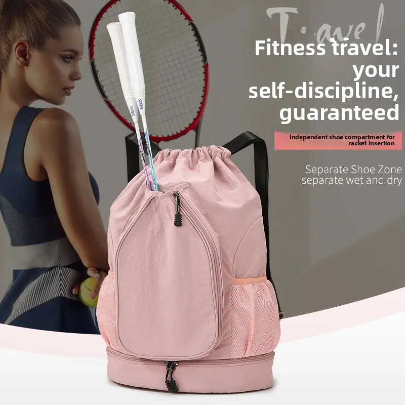 Drawstring Gym Backpack with Separate Shoe Compartment & Racket Pocket, Wet Dry Separation Tennis Badminton Bag Large Capacity Sports Sack with Water Bottle Side Pocket for Workout Yoga Pool Travel Men Women