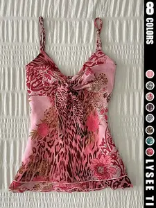 Spring/Summer 2000s Retro Leopard Peony Printed Lightweight Strap with Chest Knot Women's Top