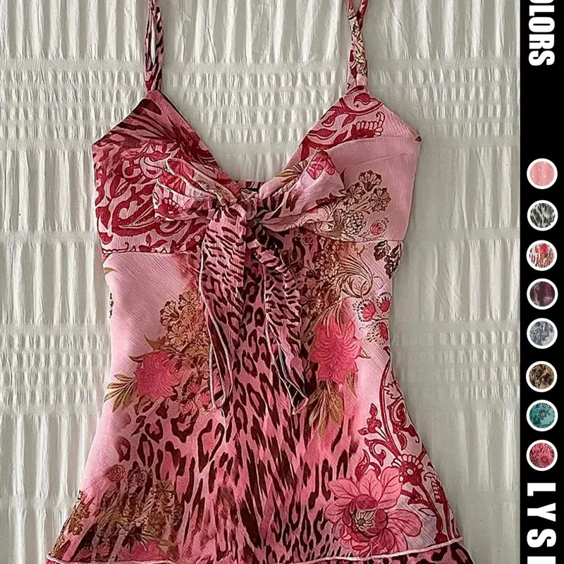 【Black Friday】Spring / Summer 2000s Retro Aesthetic Vintage Feminine Leopard Peony Printed Lightweight Spaghetti Strap Cami Top, Women's Fitted Top with Chest Knot