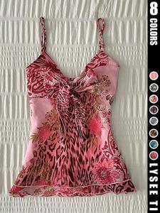 Spring/Summer 2000s Retro Leopard Peony Printed Lightweight Fitted Strap with Chest Knot Women's Top