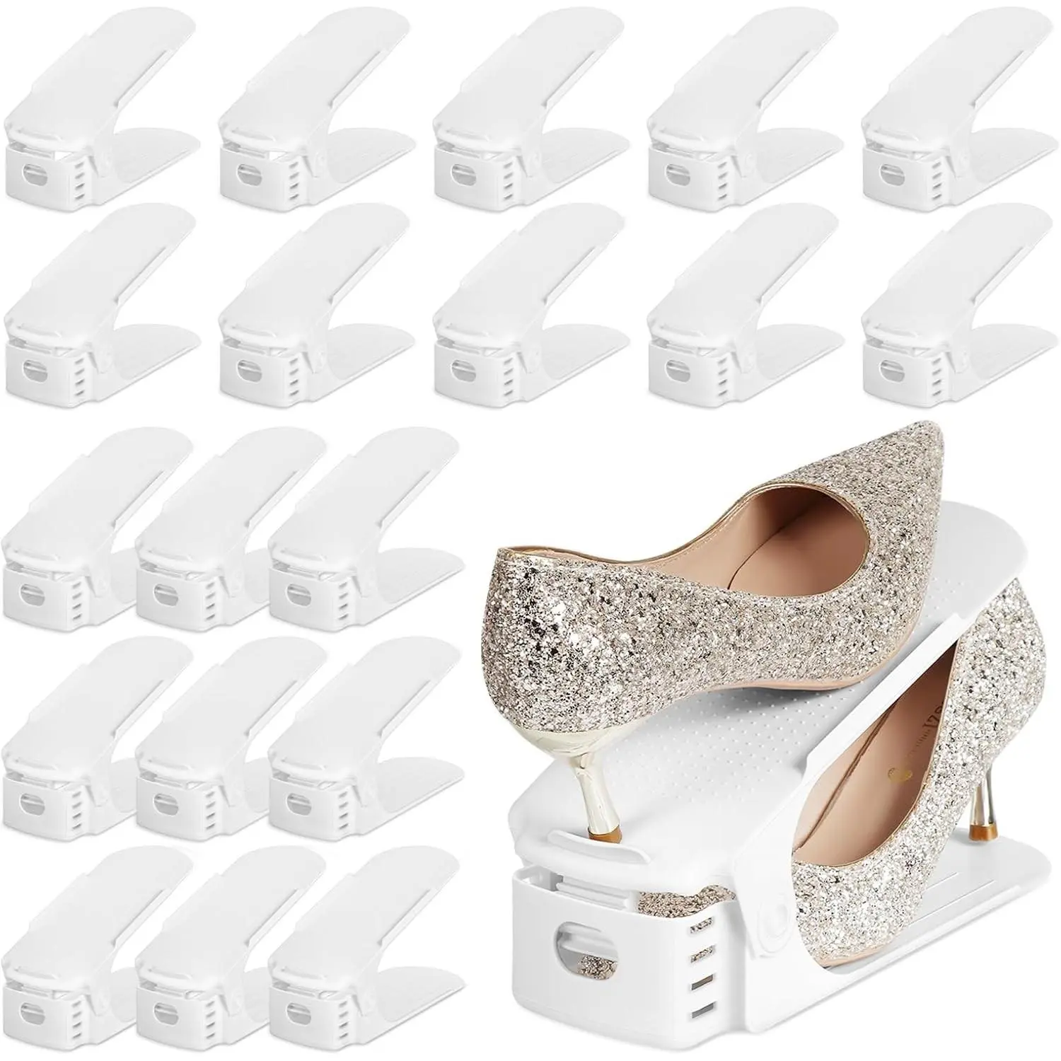 20 Pack Shoe Slots Organizer Shoe Stacker for a Pair of Shoes 4 Levels Adjustable 50% Shoe Space Saver Double Layer Shoe Rack Organizer for Closet (White)