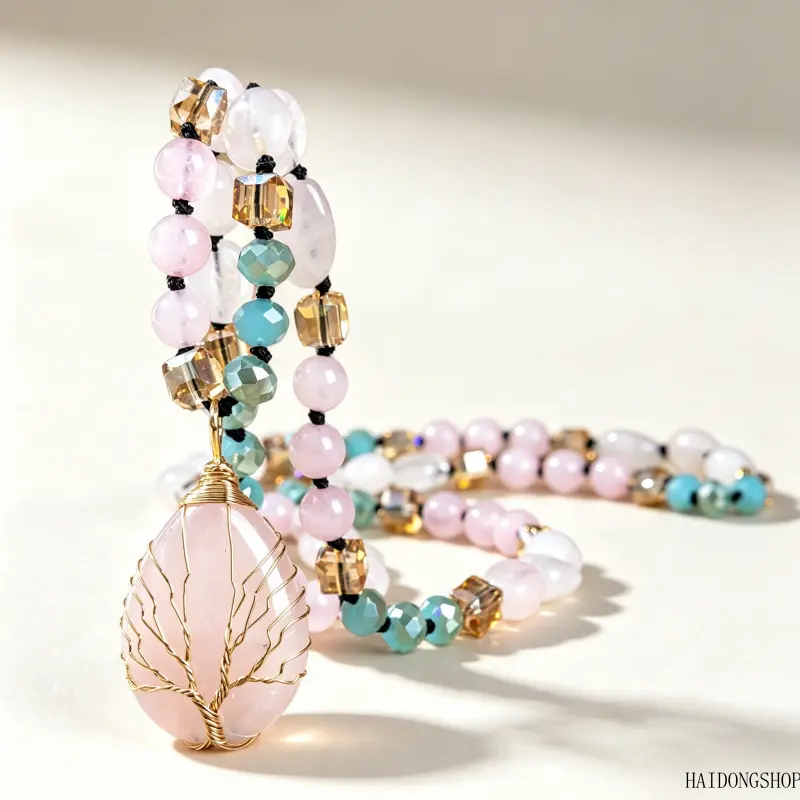 Boho Viral Quiet Luxury Natural Crystal Tree of Life Long Sweater Necklace For Women, Adjustable Layering Pendant Neck Jewelry, Dainty Spiritual Accessory For Daily Shopping Travel Cold Season Outfit Styling