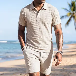 Men's Solid Polo Shirt & Drawstring Waist Shorts Set, Cozy Breathable Two-piece Outfits for Daily Outdoor Wear, Men Clothes for Summer.