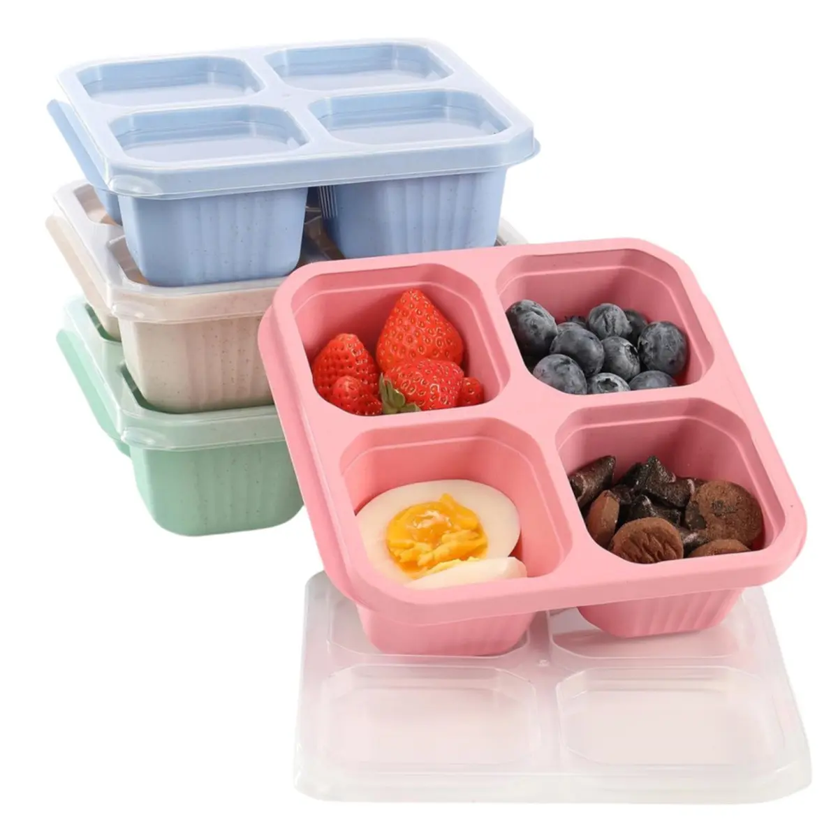 4Pcs 4 Compartment Wheat Straw Food Containers Nordic Macaron Style With Clear Stackable Leakproof Lids Reusable Easy Clean Portion Control Portable Meal Prep Boxes For Office Workers Students Picnic Travel Diet Food Storage