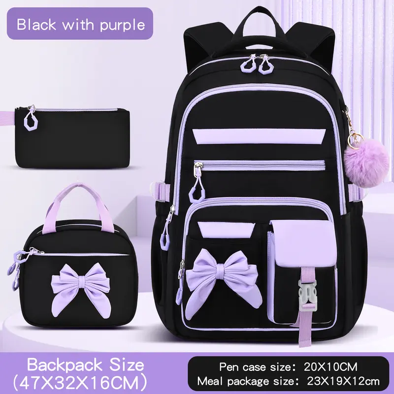 Girls' Water Resistant Backpack, Trendy Black Purple Durable Fabric Large Capacity Lightweight Adjustable Shoulder Strap Casual Gym Bag for Elementary-Middle School Students (Back to School Use)