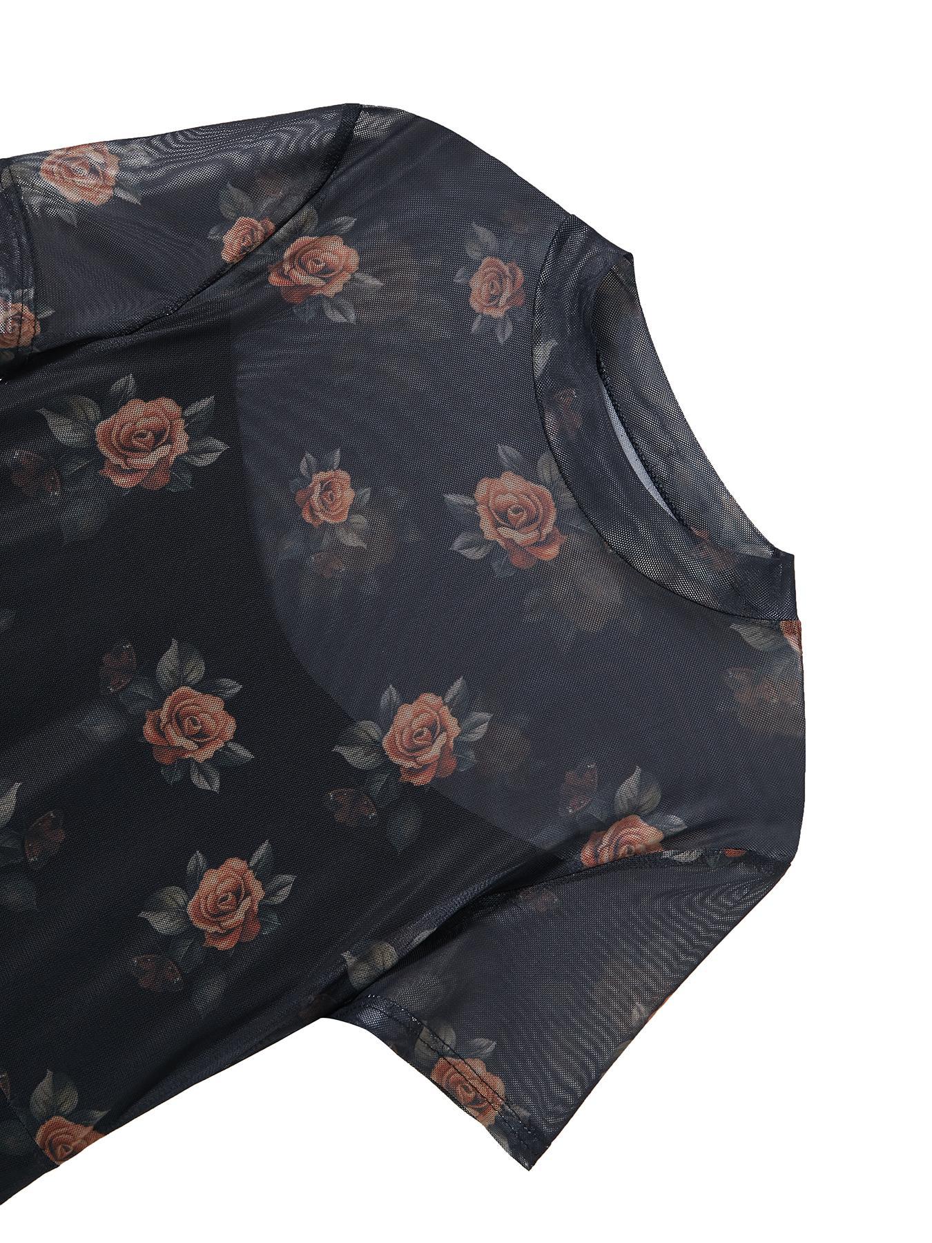 Women's Floral Print Sheer Split Thigh Maxi Dress, Gothic Vintage Short Sleeve Round Neck A Line Dress for Party Holiday Wedding Guest, Ladies Clothes for All Seasons