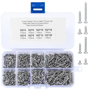 M2 Flat  Self Tapping Screws, 800 count  Drive  Self Tapping Woodworking Fastener Screws, Self Drilling Screws  Kit, 4/5/6/8/10/12/16/20mm