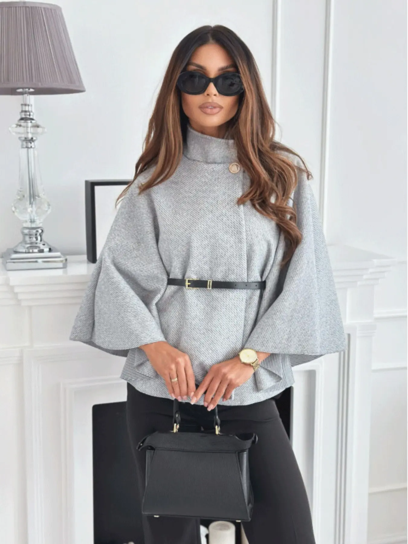 Women's Fall Winter Solid Color Cape Coat, Jackets, Coat with waist cinching belt, Slim-Fitting Casual Long Sleeve Outerwear, Multiple Colors Available