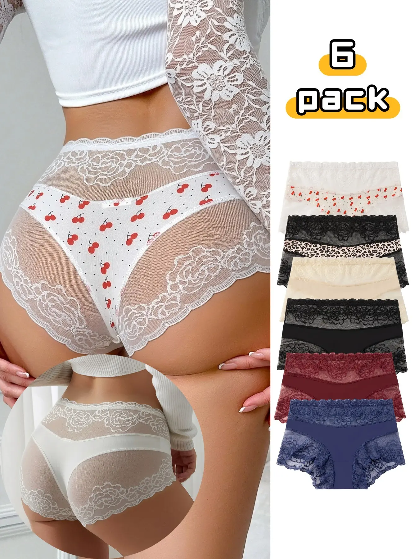 Women's Solid Color Print Triangle Pants, Hollow Out Breathable Lace Ice Silk Patchwork Underwear, Sexy Elegant All-Season Panties, 6 Pcs Set