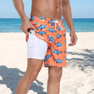 Men's 2-in-1 Swim Trunks with Compression Liner & Phone Pocket - Quick Dry Anti-Chafe Shark Print Boardshorts, Summer Bathing Suit (Big & Tall Available)