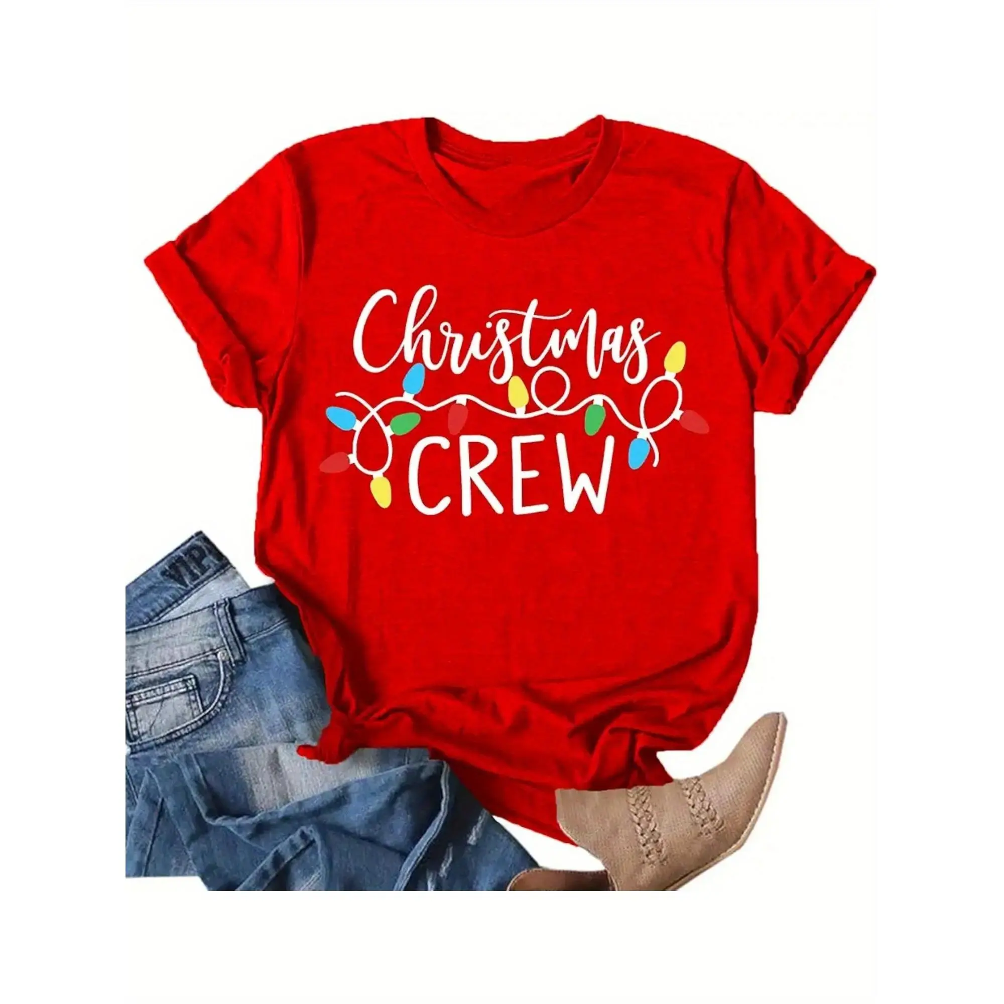 Christmas Crew Graphic T-Shirt, Colorful Christmas String Lights Print Unisex Crew Neck Short Sleeve Family Holiday Matching Tee