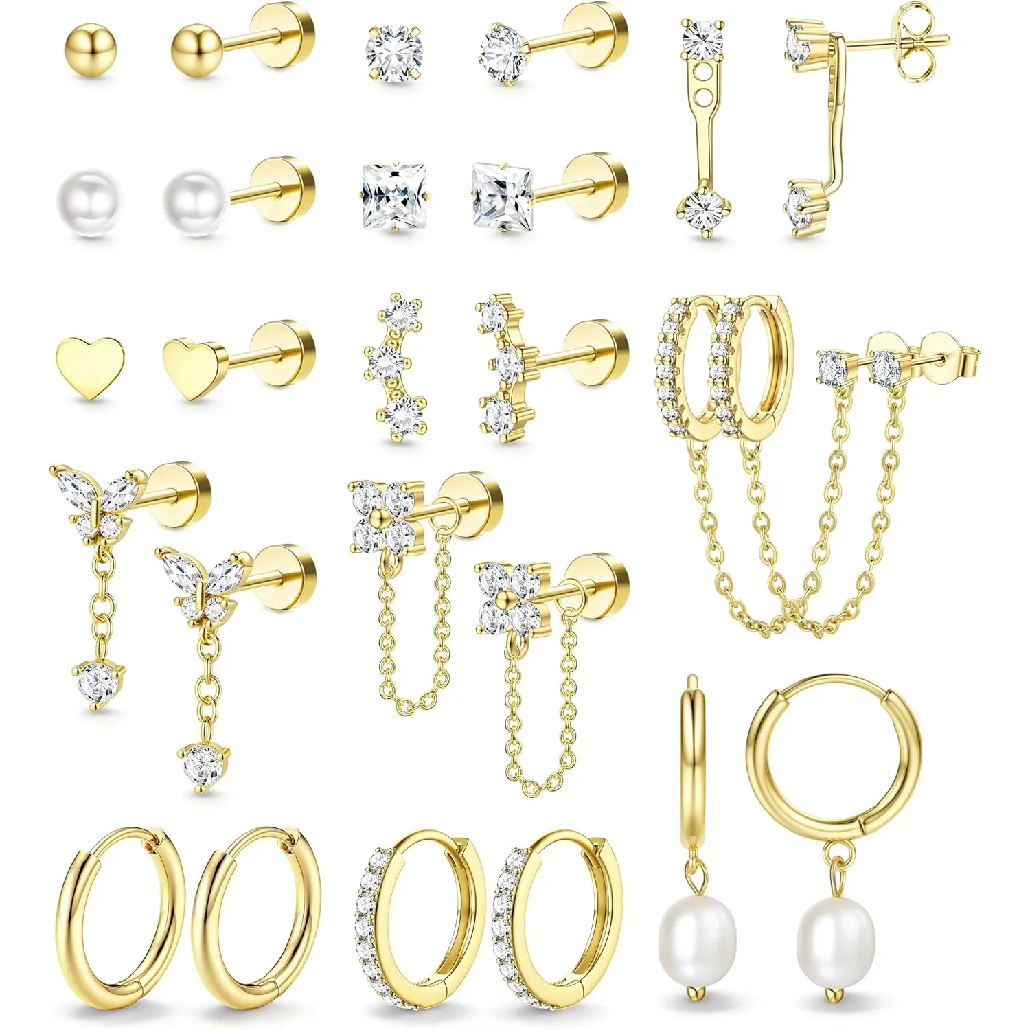 FIASASO Hypoallergenic Flat Back Earrings Set for Women-Surgical Stainless Steel Earrings for Sensitive Ears-14K Plated Gold Chain Cartilage Earring Stacks Flatback Stud Hoop Earring Sets for Multiple Piercing Jewelry