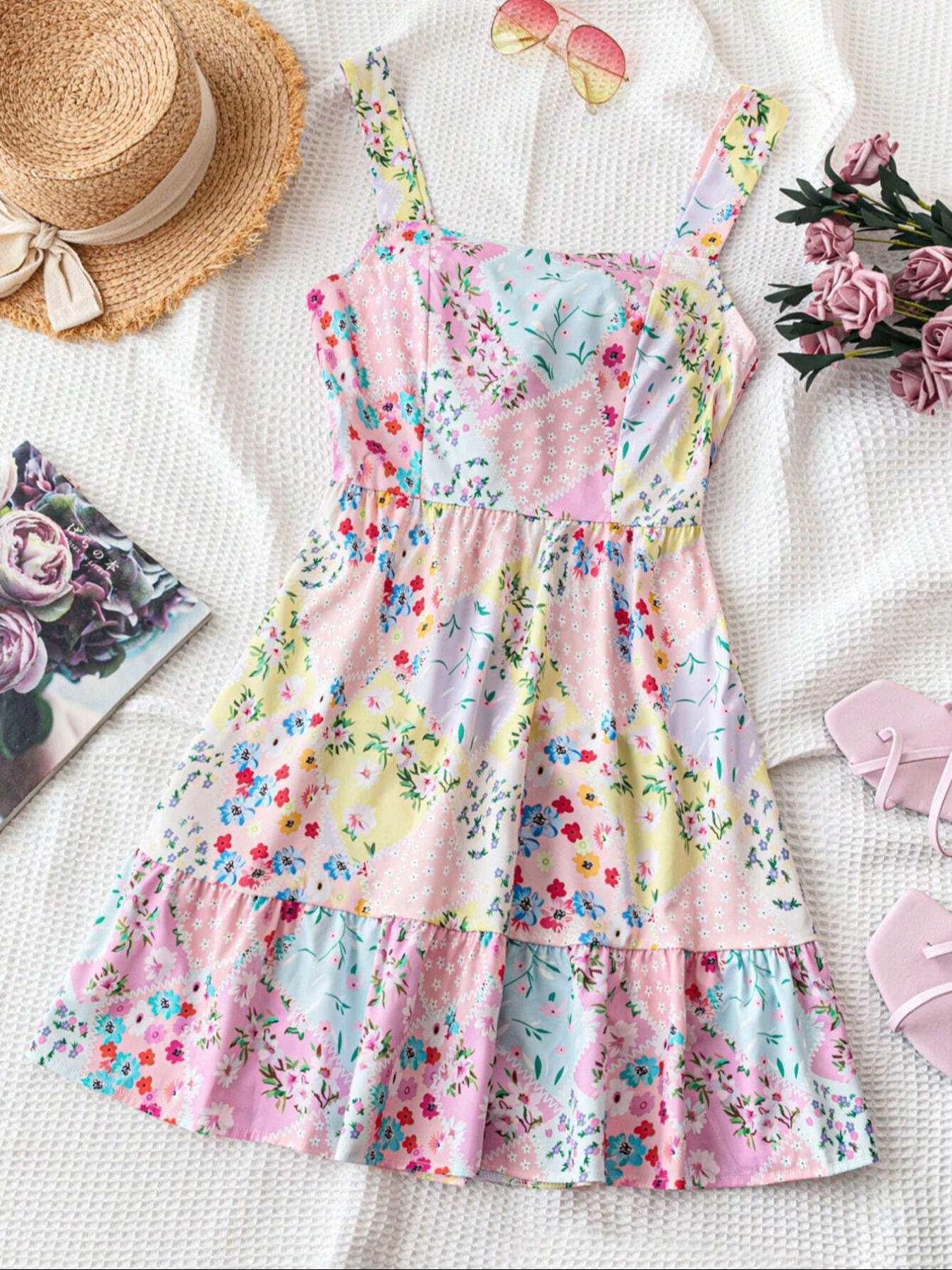 Women's Floral Print Backless Bow Tie Dress, Sleeveless Short Sundress, Boho Vacation, Fitted Summer Dress